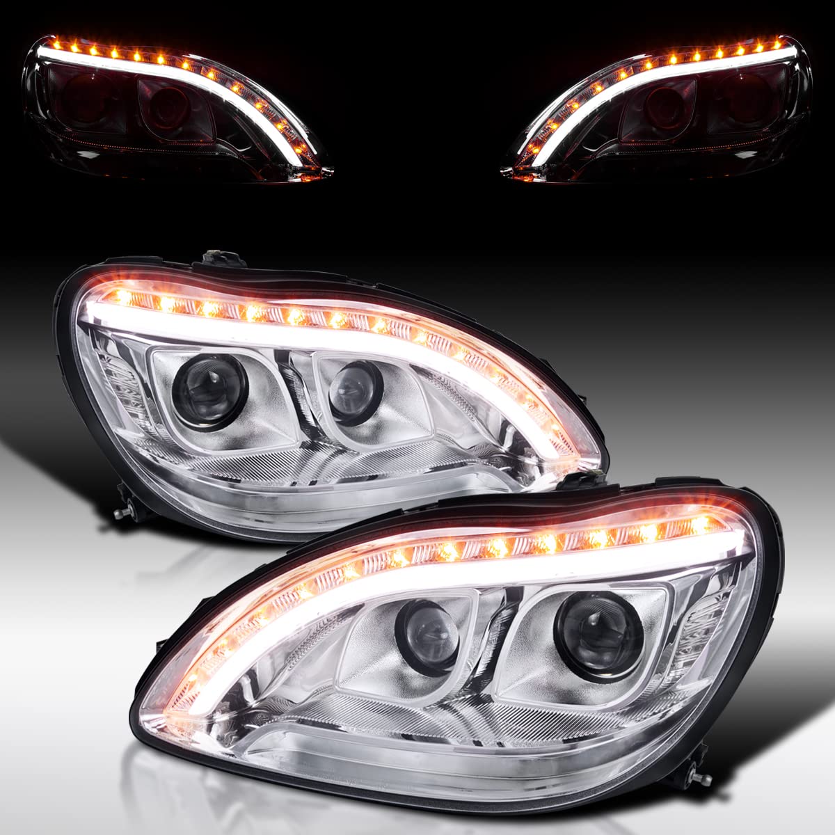 AUTOZENSATION Compatible with 1998-2006 Mercedes-Benz W220 S-Class Headlights Assembly - Left & Right Pair Chrome Projector Headlights with LED Signal Lights | Upgrade for Night Driving & Enhanced Visibility