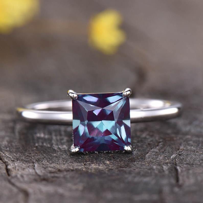 Princess Cut Alexandrite Engagement Ring - 14K White Gold Solitaire Ring for June Birthstone | Perfect for Proposals, Anniversaries & Special Occasions