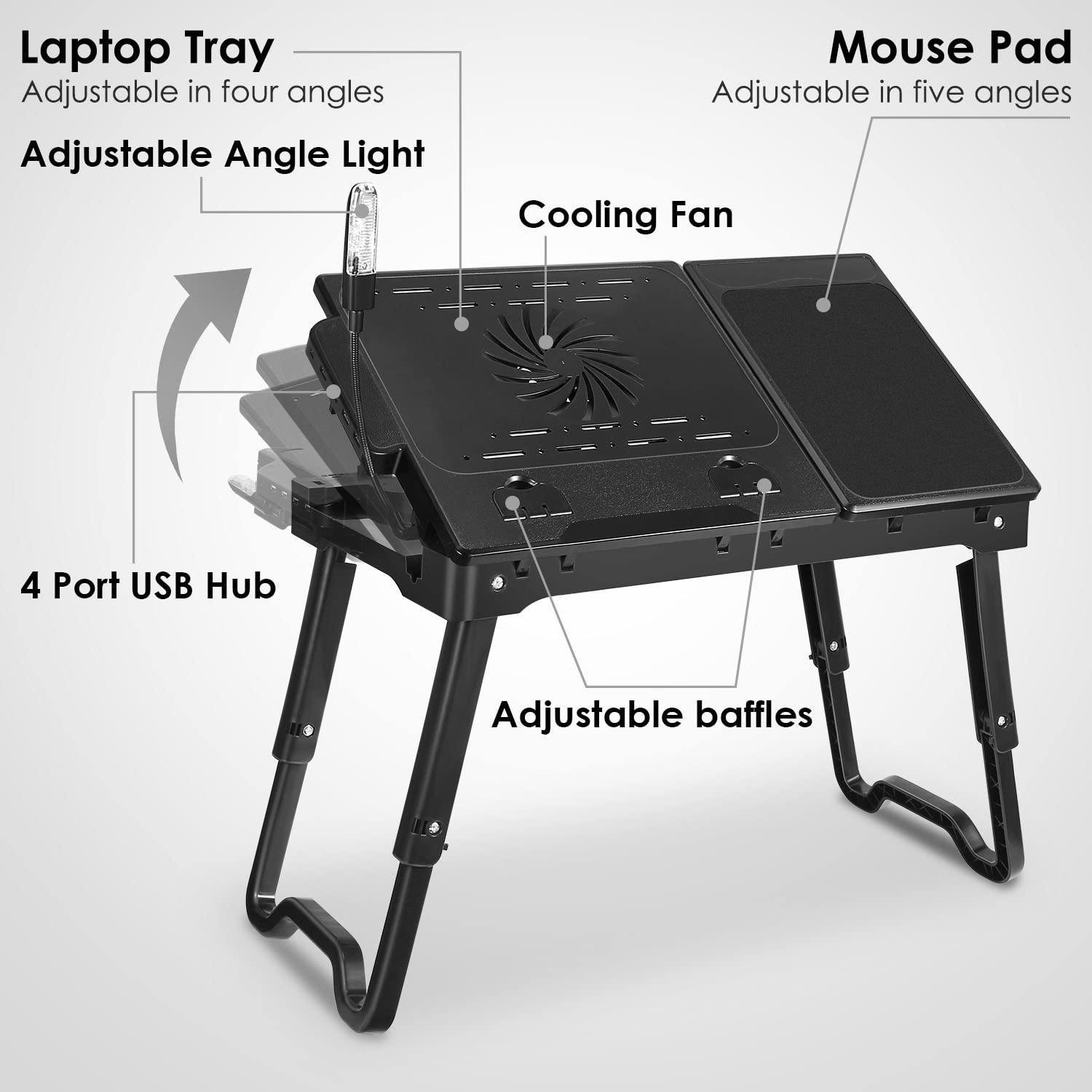 Adjustable Laptop Table Stand for Bed & Sofa - Portable Foldable Lap Desk with Cooling Fan, 4 USB Ports, Lightweight Design for Home, Office, and Travel Use