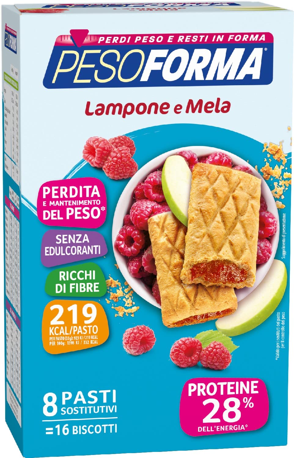 Pesoforma Raspberry & Apple Protein Biscuits - Meal Replacement for Weight Loss, Only 219 Calories, 16 Biscuits (8 Meals) - High Protein Snack for Fitness & Diet | Perfect for On-the-Go Breakfast or Post-Workout Nutrition