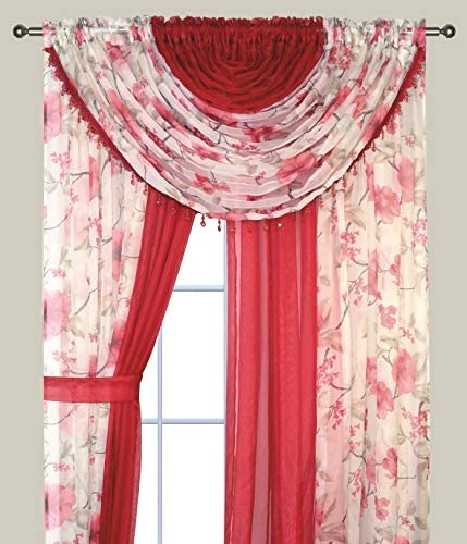 Floral Sheer Curtains 95 Inch Long - 2 Tone 4 Panels Set with Valance & Tiebacks, Light Filtering Privacy Window Sheers for Living Room Bedroom Kitchen - Burgundy Blossom Design | Perfect for Home Decor, Room Dividers & Sun Protection