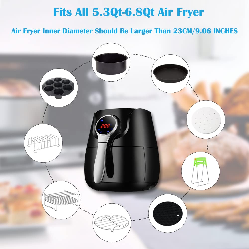 9 Inch Air Fryer Accessories Set - XL 7-Piece Kit with Cupcake Pan, Pizza Pan, Silicone Baking Cups & Recipe Cookbook | Compatible with 5.3Qt-6.8Qt Phillips, Ninja, Cosori & Most Large Air Fryers | Perfect for Baking, Roasting & Meal Prep
