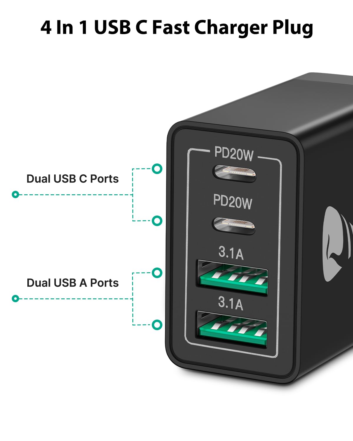 Aioneus 40W 4-Port USB C Fast Charger UK Plug with PD & QC - Multi-Port Wall Charger for iPhone 14/13/12/11/X/8/7/SE, iPad, Samsung Galaxy - Perfect for Travel, Home & Office Charging