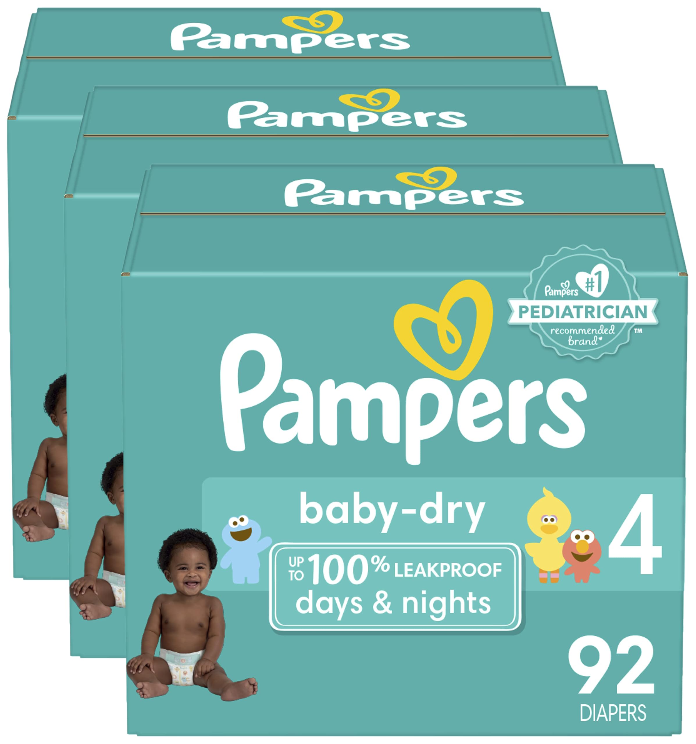 Pampers Baby Dry Disposable Diapers Size 4 (92 Count) - Super Pack of 3, Hypoallergenic & Leakproof for Overnight Protection | Perfect for Daycare, Travel & Nighttime Use | Packaging May Vary