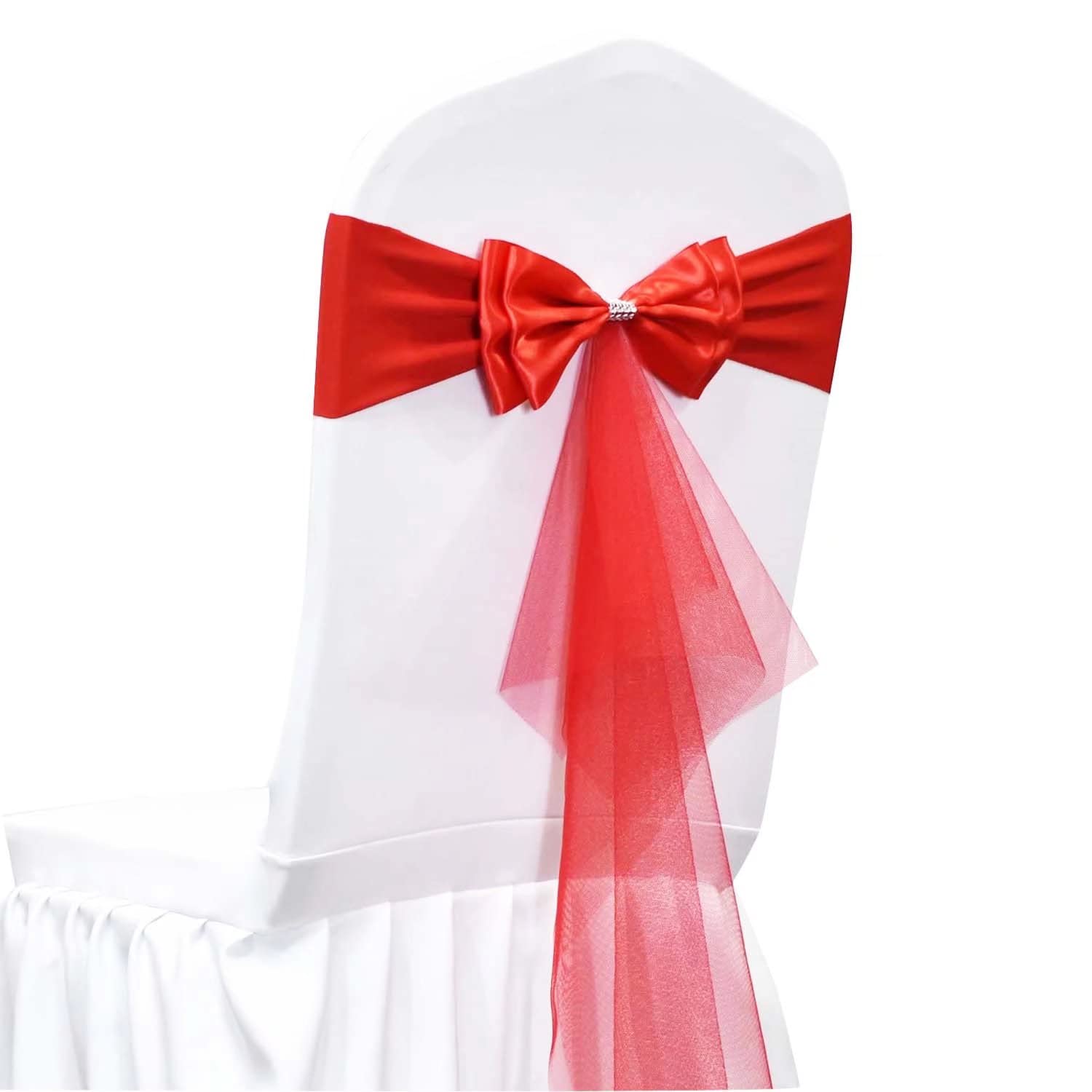 Stretch Spandex Chair Sashes - 100 Pcs Red Polyester Chair Ribbons & Bows for Wedding, Banquet, Party & Hotel Decorations - Perfect for Table Setting, Chair Back Decor, and Event Styling