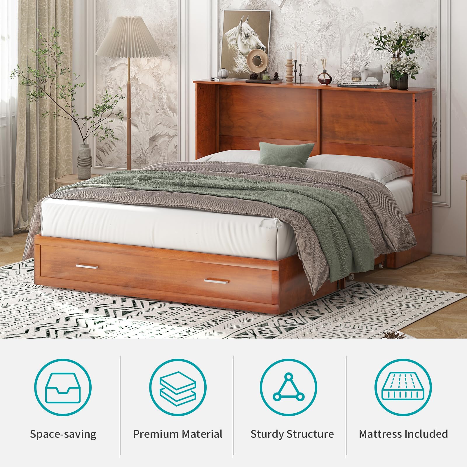 BALUS Queen Size Murphy Bed Cabinet with Memory Foam Mattress - Wall Bed with USB Charging Port, Large Storage Drawer & Easy Assembly - Space Saving Guest Bed for Small Apartments, Home Office & Studio (Cherry Finish)