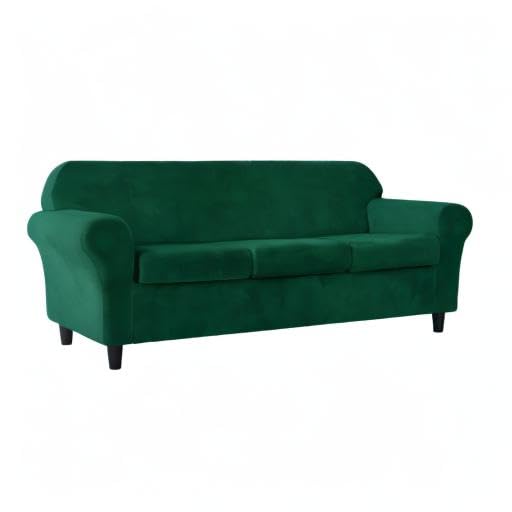 Ultra Soft Velvet Stretch Sofa Slipcover - Large Green Furniture Protector for Couches & Sectionals | Pet & Kid Friendly Couch Cover | Perfect for Living Room, Family Room & Home Decor