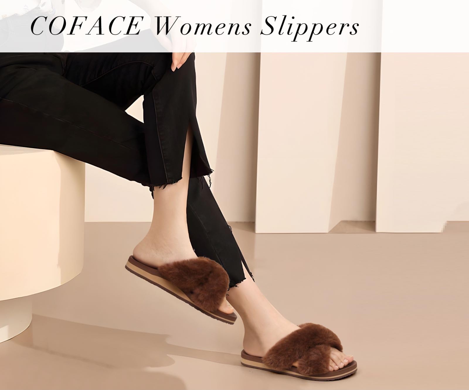 COFACE Women's Fuzzy Slides - Fluffy Faux Fur House Slippers with Arch Support, Open Toe Sandals for Indoor/Outdoor Use - Perfect for Yoga, Lounging & Home Comfort