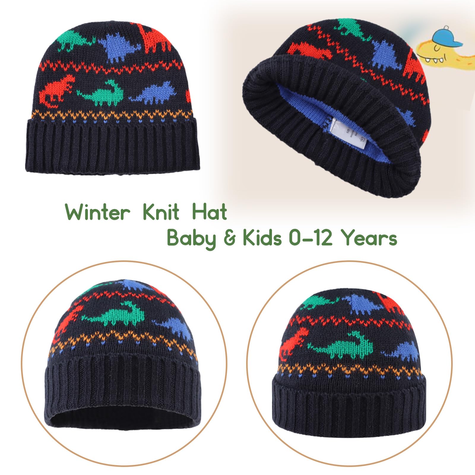 PEECABE Dinosaur Knit Baby Beanie Hat - Warm Winter Skull Cap for Boys & Toddlers - Soft Knitted Infant Hat for Cold Weather - Perfect for Outdoor Play, Snow Days & Holiday Photos