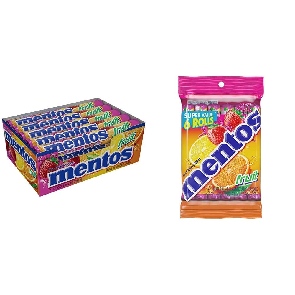 Mentos Chewy Fruit Candy Rolls Bundle - 15 Pieces + 6 Rolls Assorted Flavors | Bulk Candy for Parties, Office Snacks & On-the-Go Treats