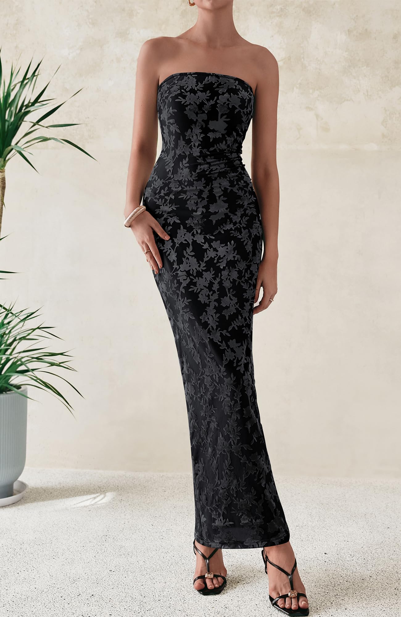 BTFBM Women's Elegant Floral Bodycon Maxi Dress 2025 - Tube Wedding Guest Cocktail Dress with Side Slit | Perfect for Spring Weddings, Parties & Special Occasions