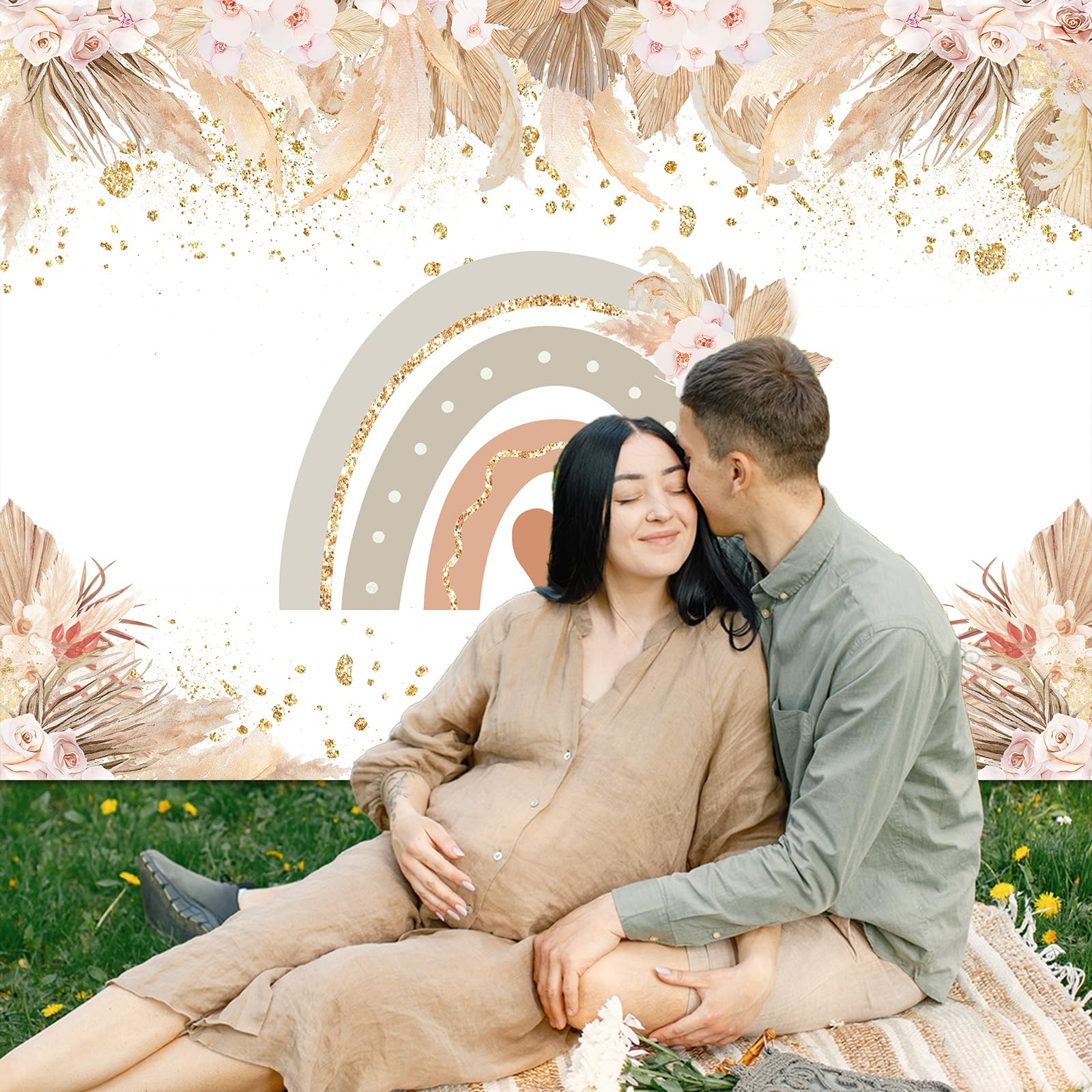Boho Rainbow Backdrop for Baby Shower - 7x5ft Bohemian Pampas Grass Photography Background for Party Decorations, Cake Table & Banner | Perfect for Baby Showers, Gender Reveals & Birthday Parties