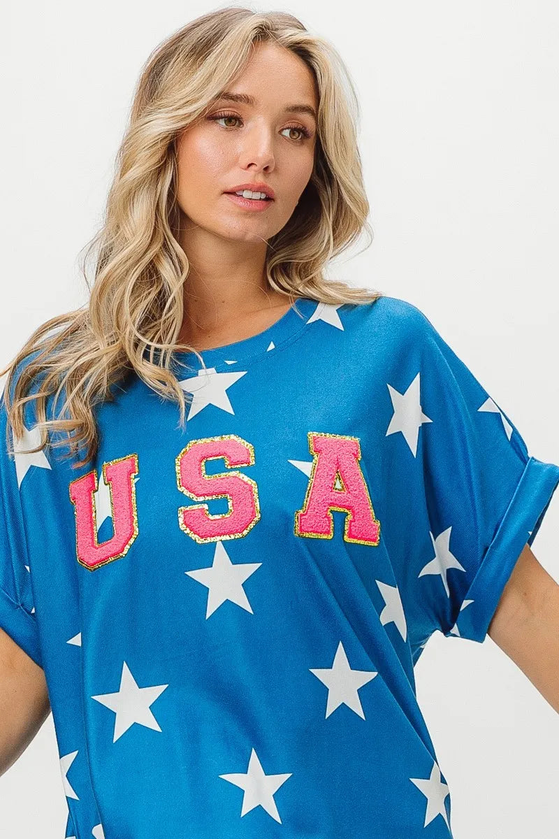 BiBi Fourth Of July Patriotic Star Knit T-Shirt - American Flag Themed Casual Top for Independence Day Celebrations & Summer Outfits
