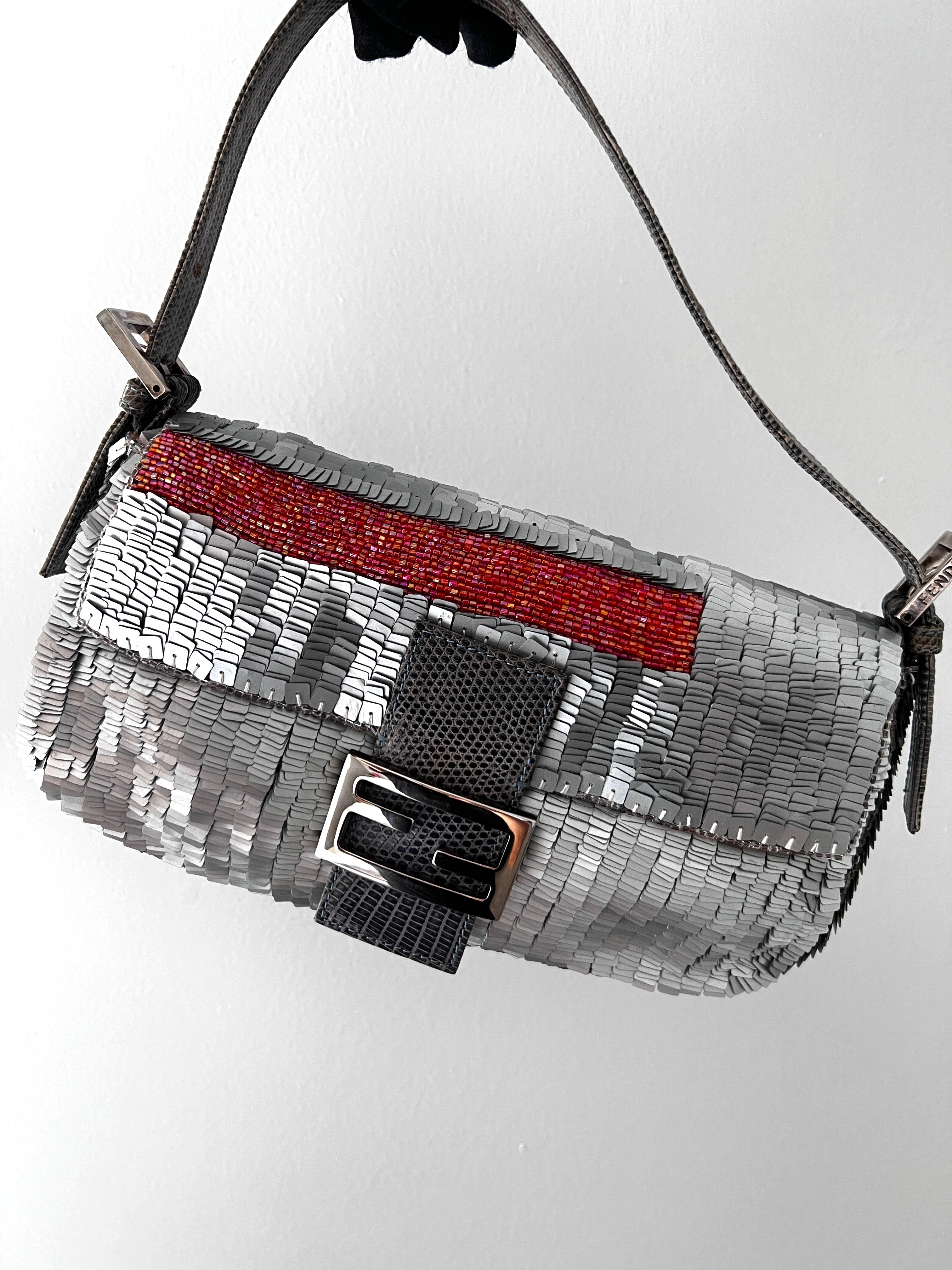 Fendi Silver Sequin with Orange Beaded Strip Baguette Bag - Elegant Evening Clutch for Parties, Weddings & Special Occasions