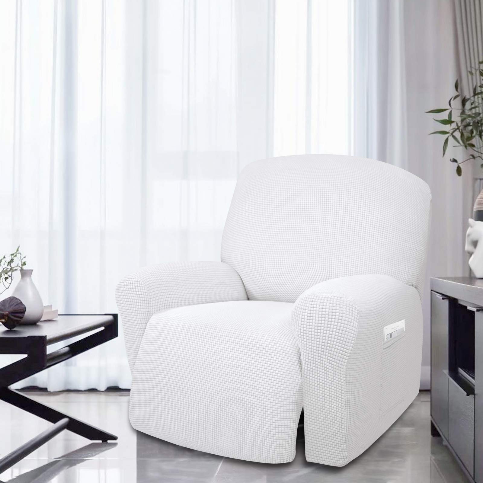 4-Piece Oversized Recliner Stretch Sofa Slipcover - Soft Polyester Spandex Jacquard Fabric with Elastic Bottom - Snow White Checkered Pattern - X-Large Furniture Protector for Living Room, Family Room & Home Theater