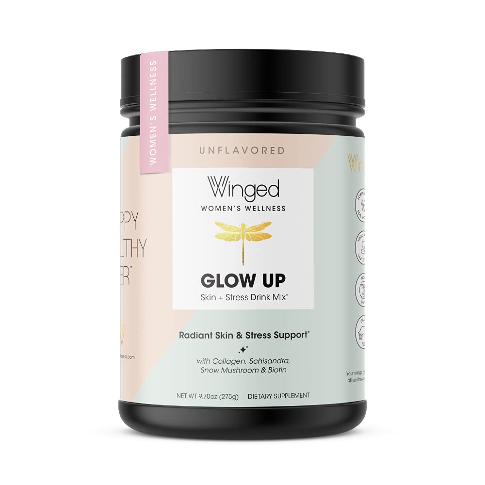 Winged Glow Up Collagen Powder for Women - Grass Fed Collagen Peptides with Adaptogen Schisandra, Snow Mushroom, Vitamin C & Biotin | Promotes Healthy Hair, Skin & Nails | Unflavored, Non-GMO (25 Servings) | Perfect for Daily Beauty Routine, Post-Workout Recovery & Anti-Aging Support