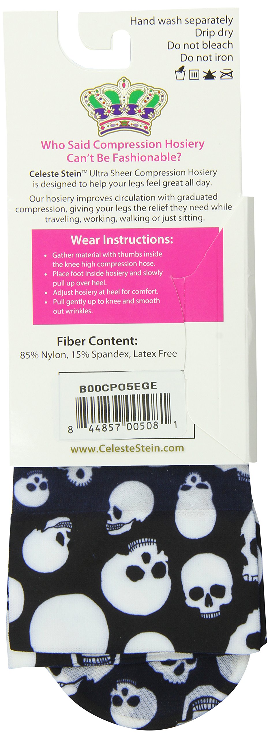Celeste Stein Therapeutic Compression Socks 15-20 mmHg - Skull Print Design for Circulation & Swelling Relief - 1 Pair - Ideal for Travel, Nursing & Varicose Vein Support