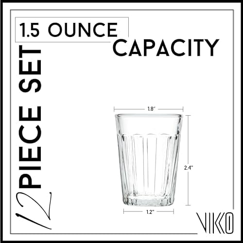 Vikko 1.5 Ounce Shot Glasses Set of 12 - Durable Small Liquor & Spirit Glasses for Tequila, Whiskey, Espresso - Perfect for Home Bars, Parties & Cocktail Making (Madelina)