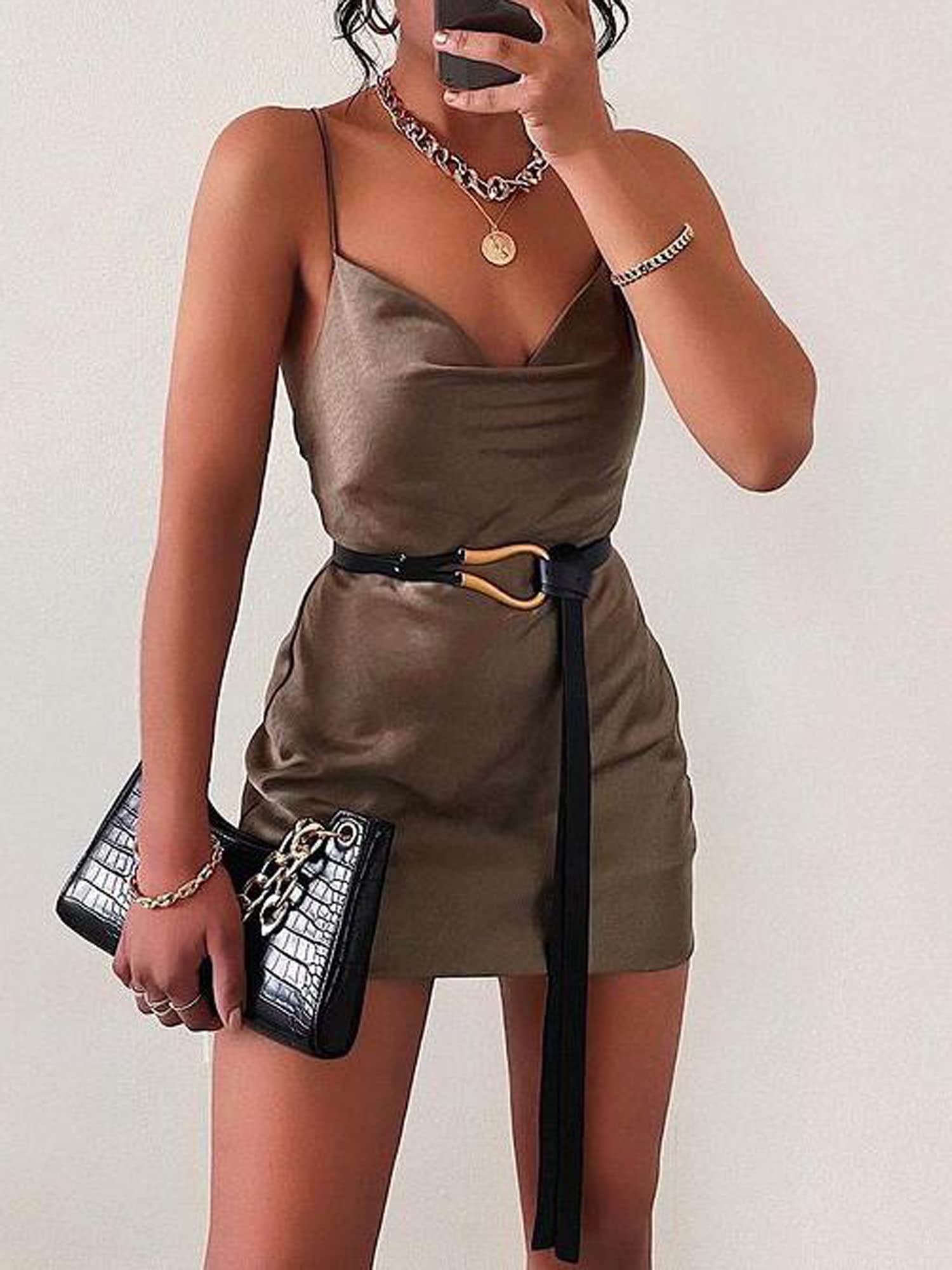 Just Quella Women's Satin Cowl Neck Slip Mini Dress - Backless Elegant Party Gown for Evening Events, Cocktail Parties & Night Out