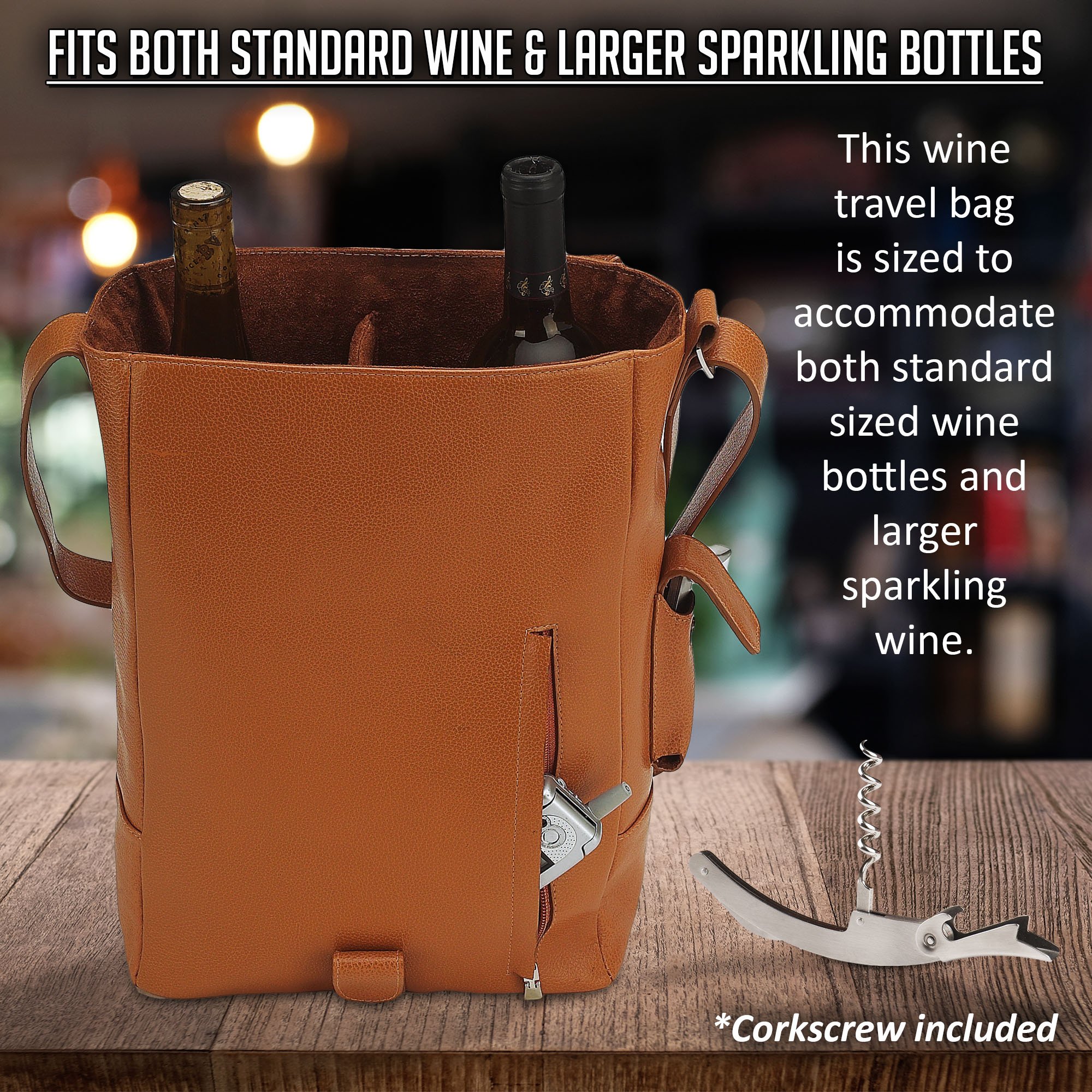 Vino2 Genuine Leather Wine Tote Bag - 2 Bottle Capacity Messenger Style Carrier (Brown) - Perfect for Picnics, Parties & Wine Tasting Events