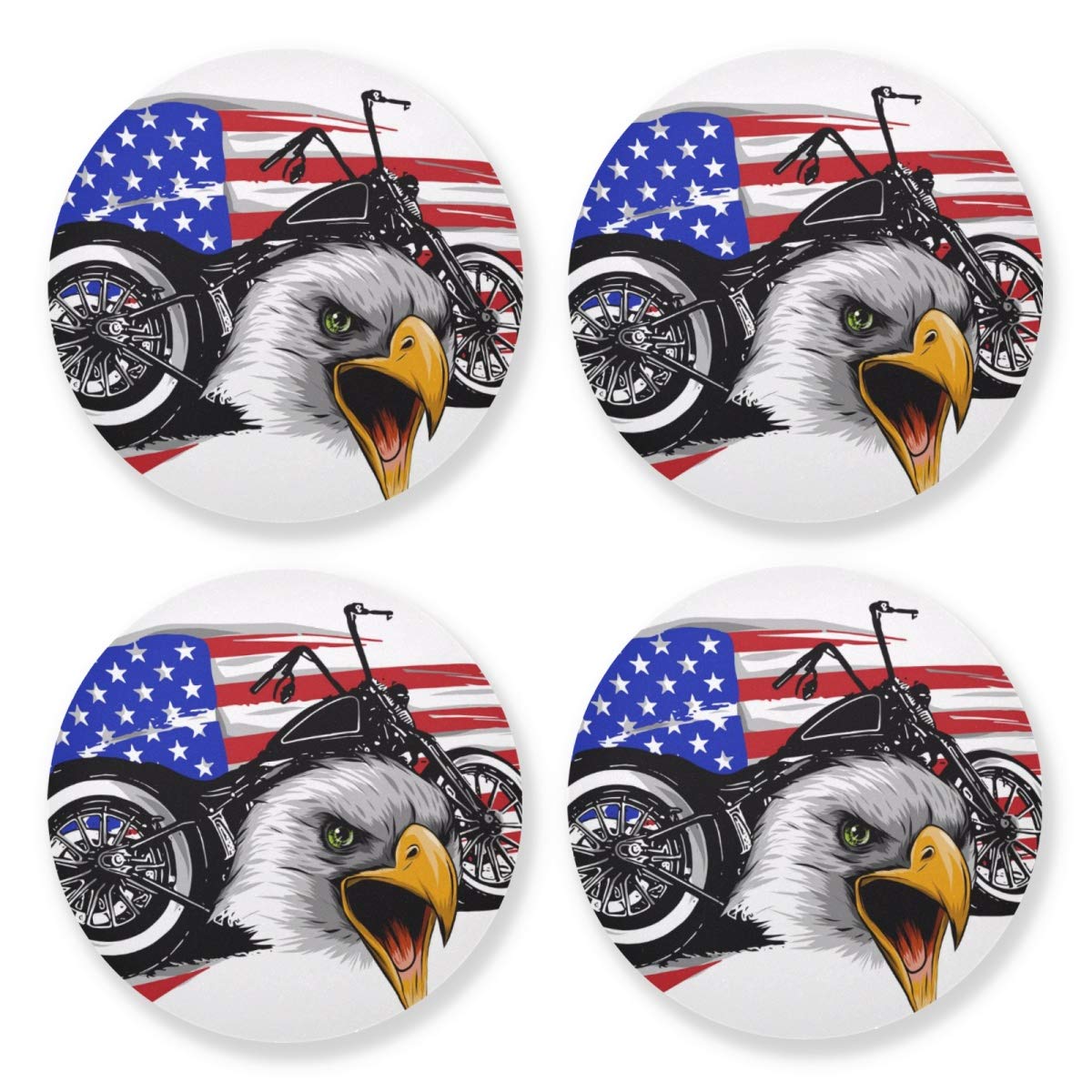 Absorbent Drink Coasters Set of 4 - Natural Wooden Cup Mats with Cork Backing, 4 Inch Round, Motorcycle Hawk USA Flag Design - Perfect for Coffee Bars, Dining Tables, and Home Decor