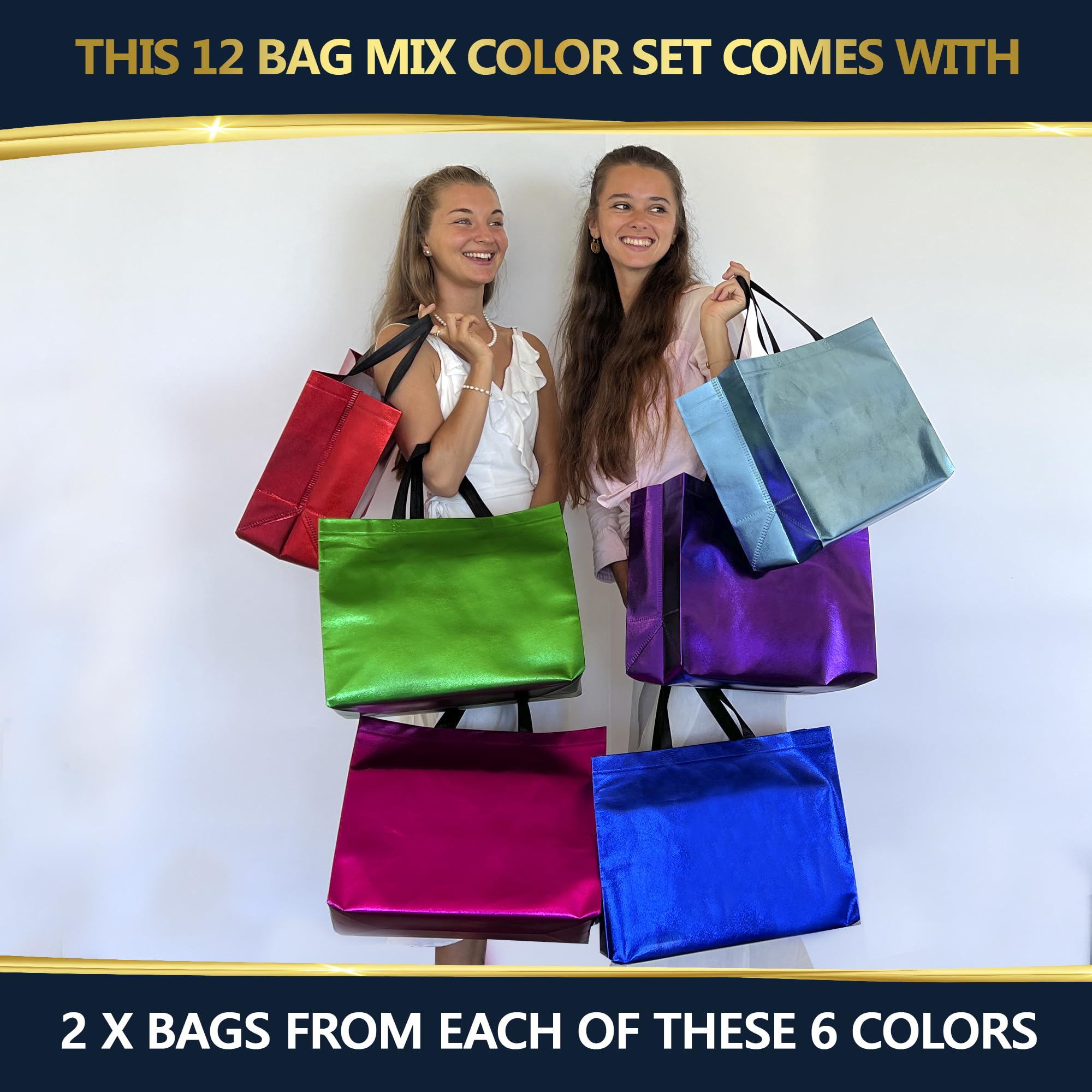 Vibrant Extra Large Reusable Gift Bags with Handles - Set of 12 Colorful Party Favor Bags (15.5