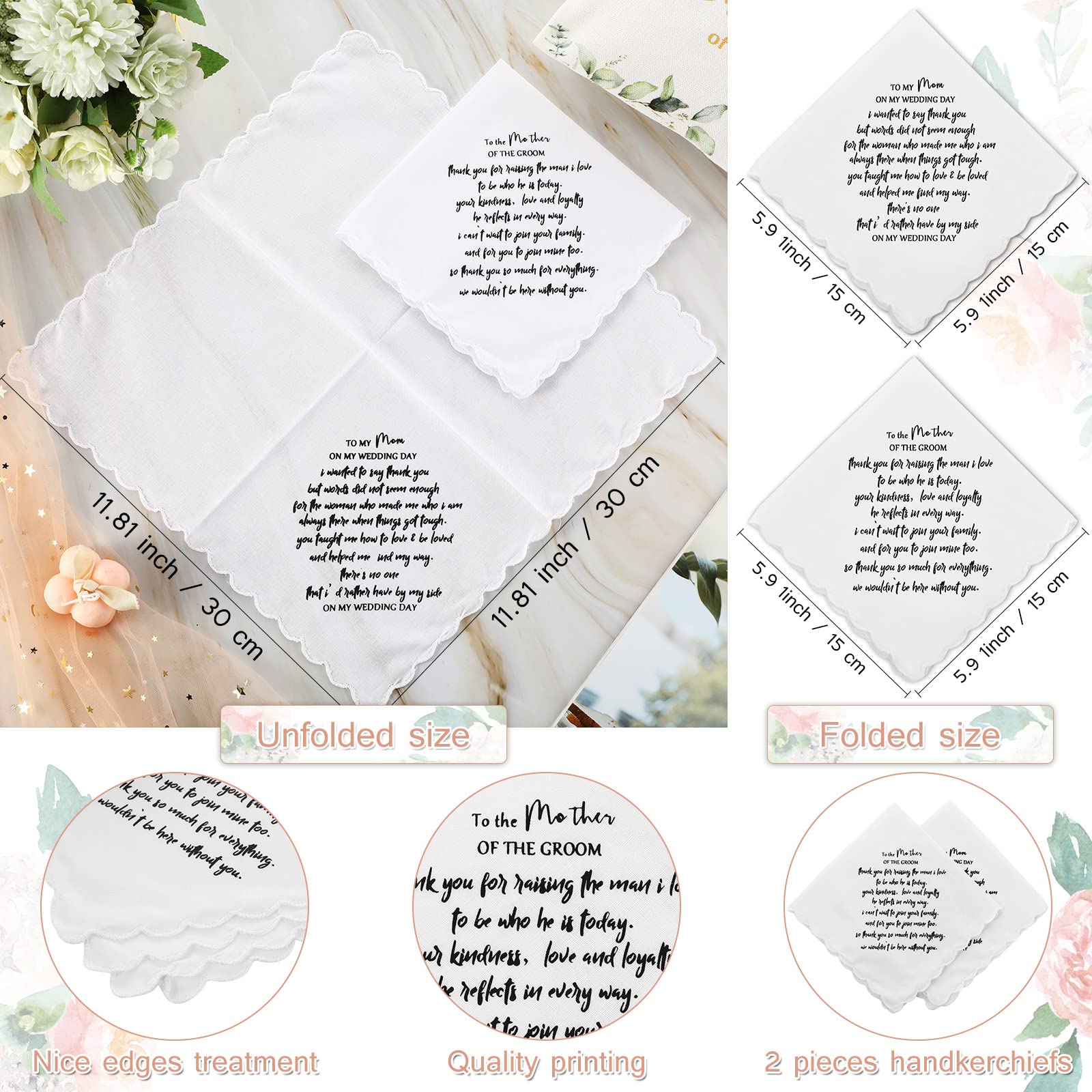 4-Piece Mother of the Bride & Groom Wedding Cosmetic Bag Set with Embroidered Handkerchief - Makeup Pouch, Hankie Gift Set for Wedding Party, Bridal Shower (Floral Design, Multi Colors) - Perfect for Bridal Preparation, Wedding Day Essentials & Special Occasion Gifts