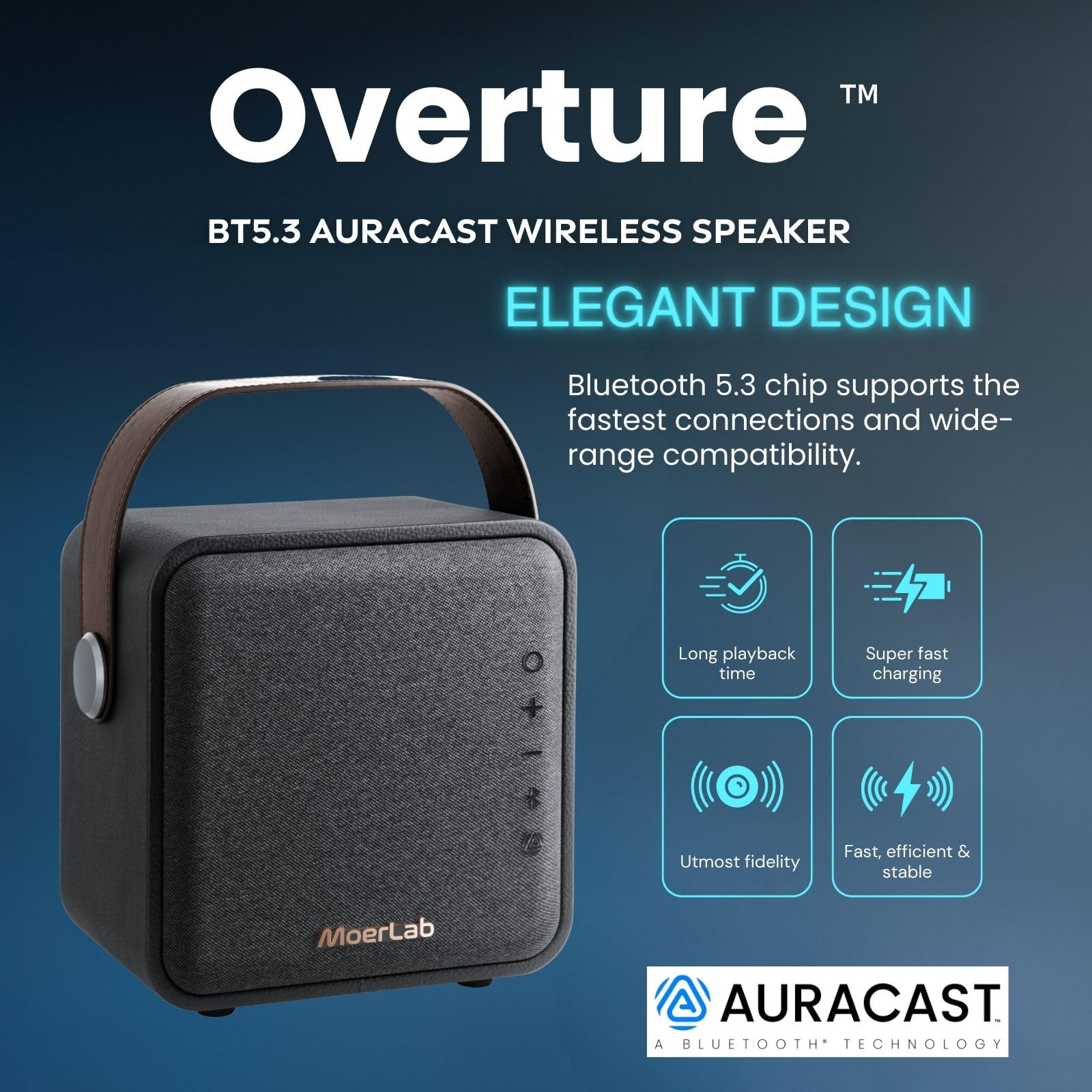 Moerlab Overture Auracast 80W Portable Bluetooth Speaker with Stereo Sound, Deep Bass, 20H Playtime, 66ft Range, Bluetooth 5.3 & TWS Pairing - Wireless Speaker for Outdoor, Home, Party, Travel, Beach & Camping
