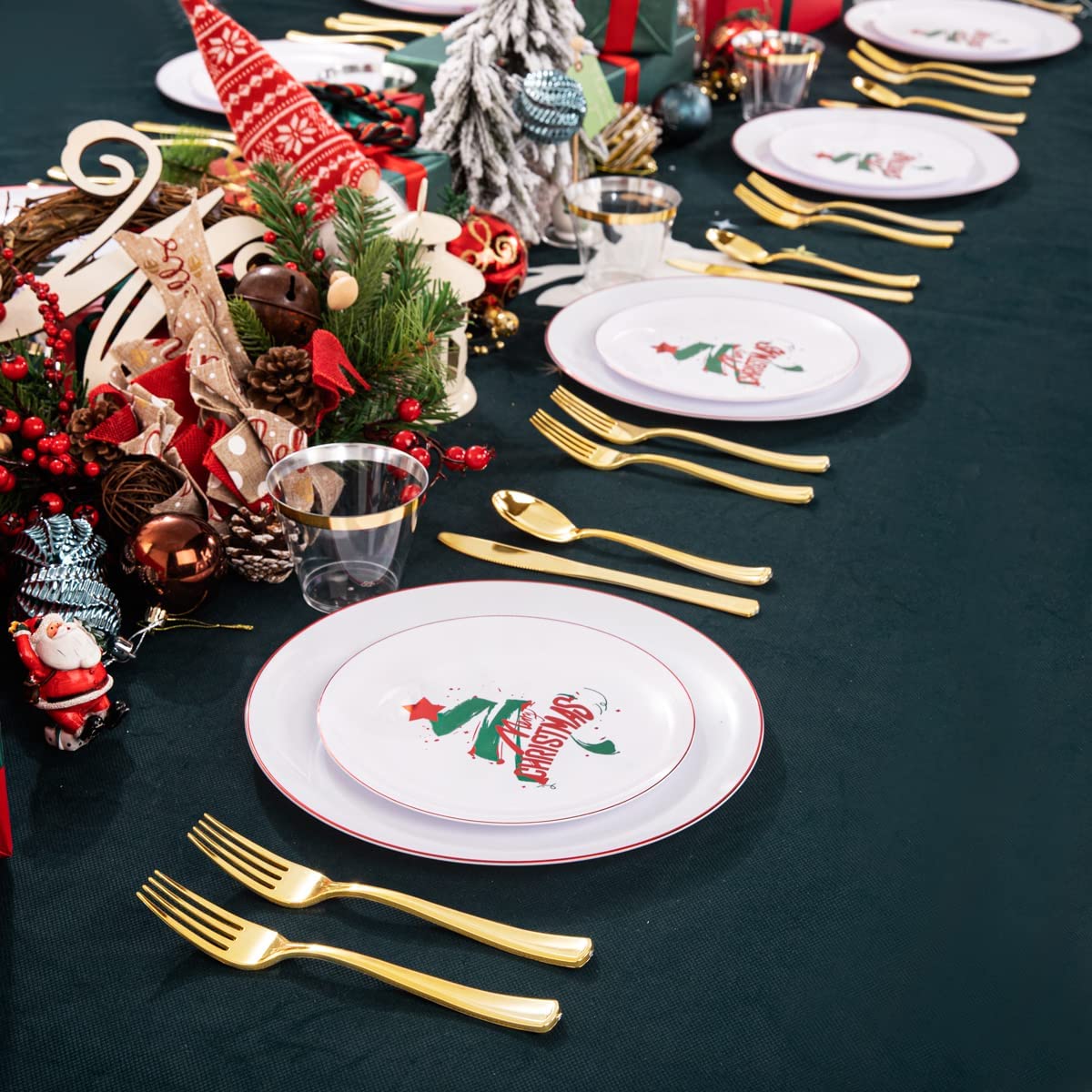KIRE 25-Pack Christmas Party Plates Set - White & Green Tree Plastic Dinner Plates, Gold Disposable Cutlery & Clear Gold Cups for Holiday Gatherings, Family Dinners & Festive Celebrations