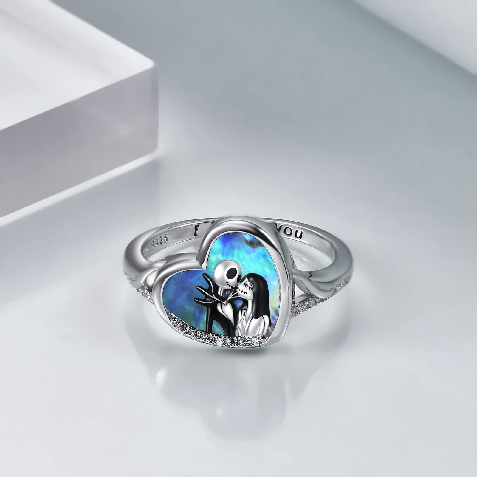 LILALO Sterling Silver Nightmare Before Christmas Rings - Jack and Sally Skull Jewelry with Abalone Shell for Halloween, Cosplay, and Gothic Fashion