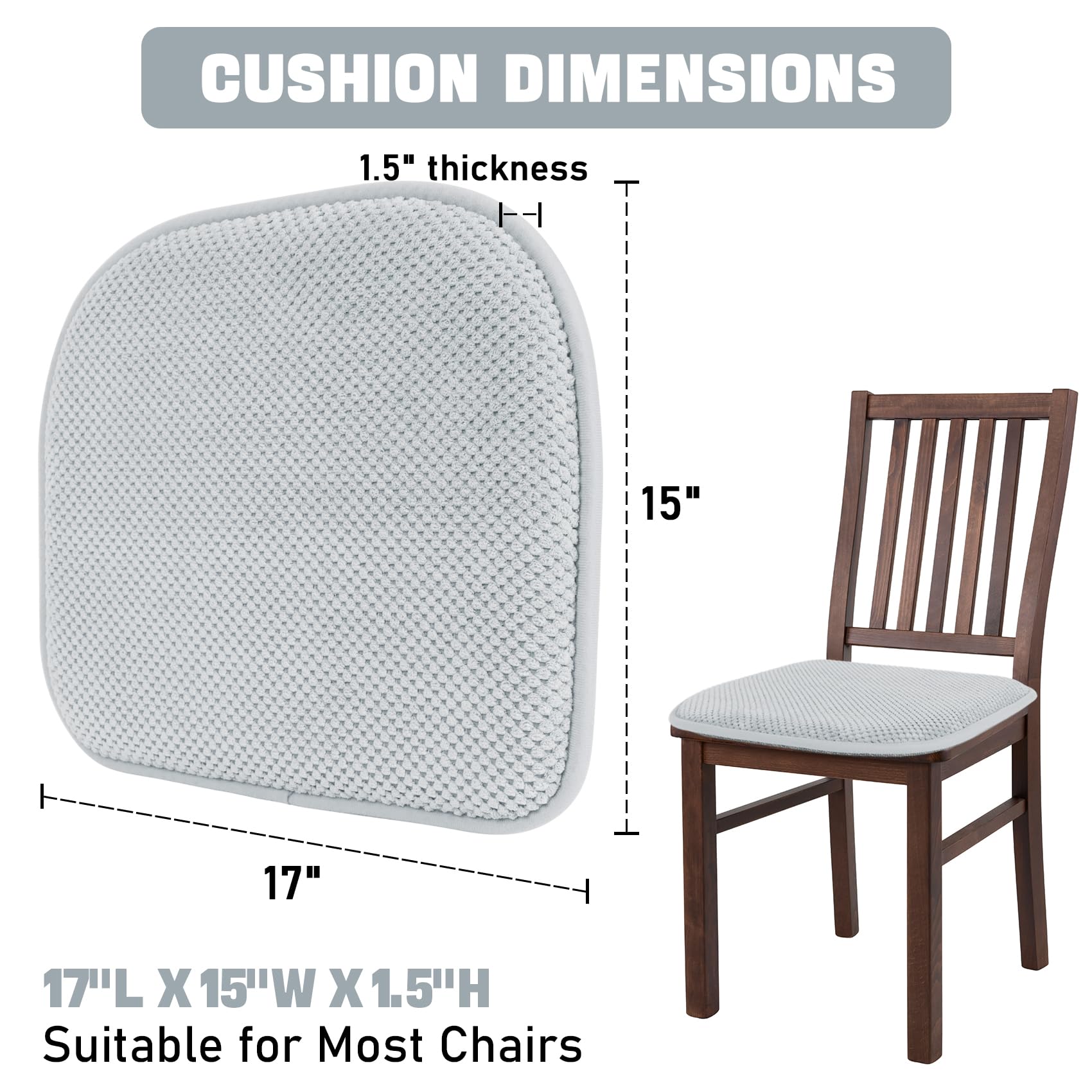 Light Grey Memory Foam Chair Cushions (2 Pack) - D-Shaped Non-Slip Seat Pads 17