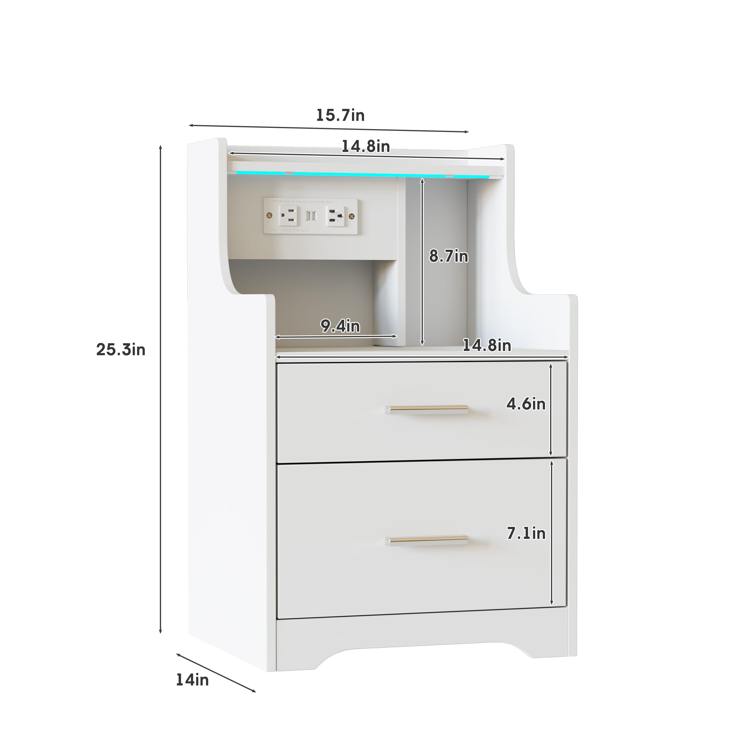 Modern White Nightstand with Charging Station, LED Lights & 2 Drawers - Compact Bedside Table with Open Storage for Kids Bedroom, Nursery or Living Room - Perfect Small Nightstand for Toddlers, Teens and Small Spaces