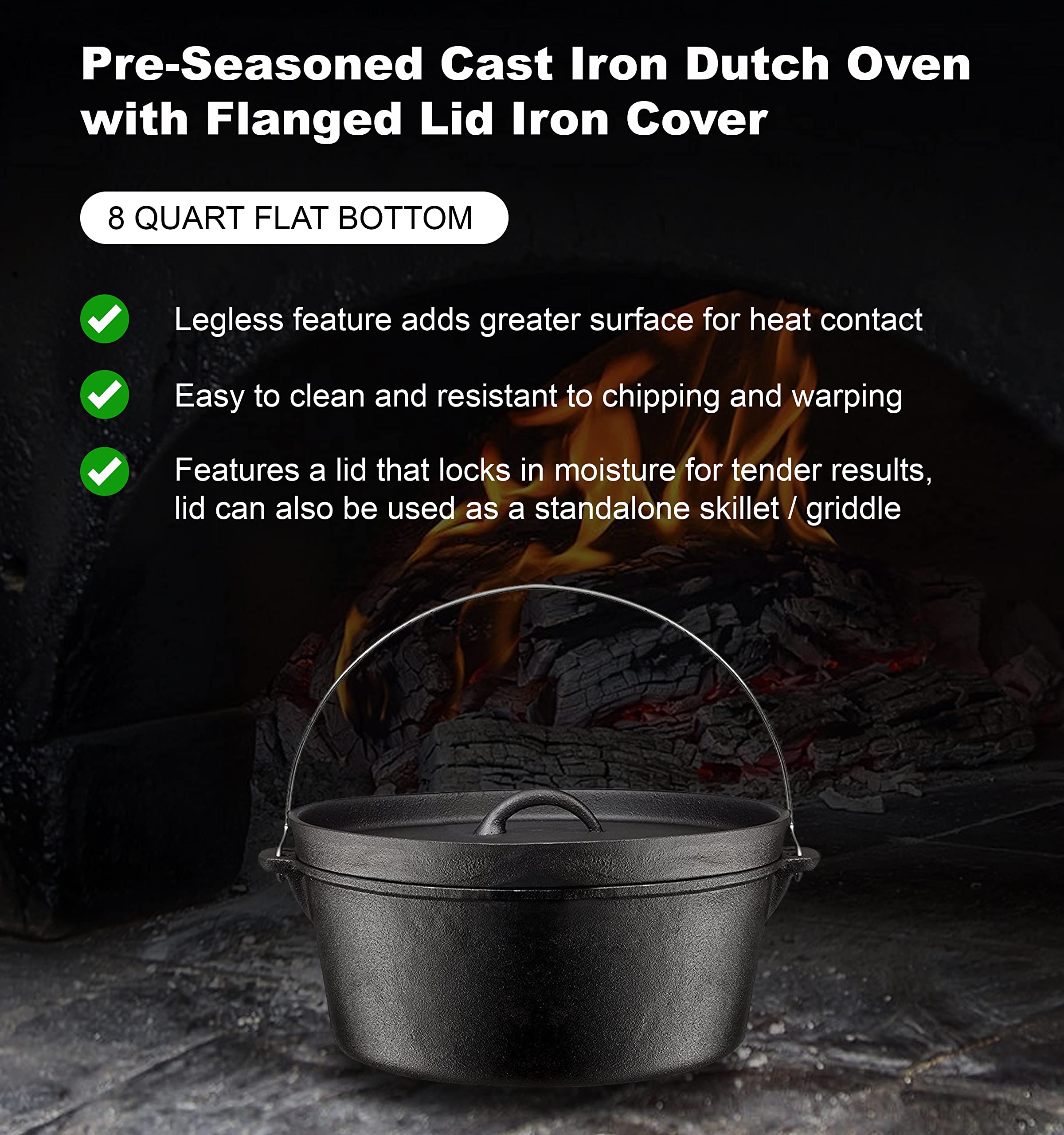 Bruntmor 8 Quart Pre-Seasoned Cast Iron Dutch Oven with Flanged Lid - Heavy Duty Camping Cookware for Outdoor Cooking, Campfire Meals, Fireplace Stews & Backyard BBQs - Perfect for Dutch Oven Bread, Chili & Slow Cooking