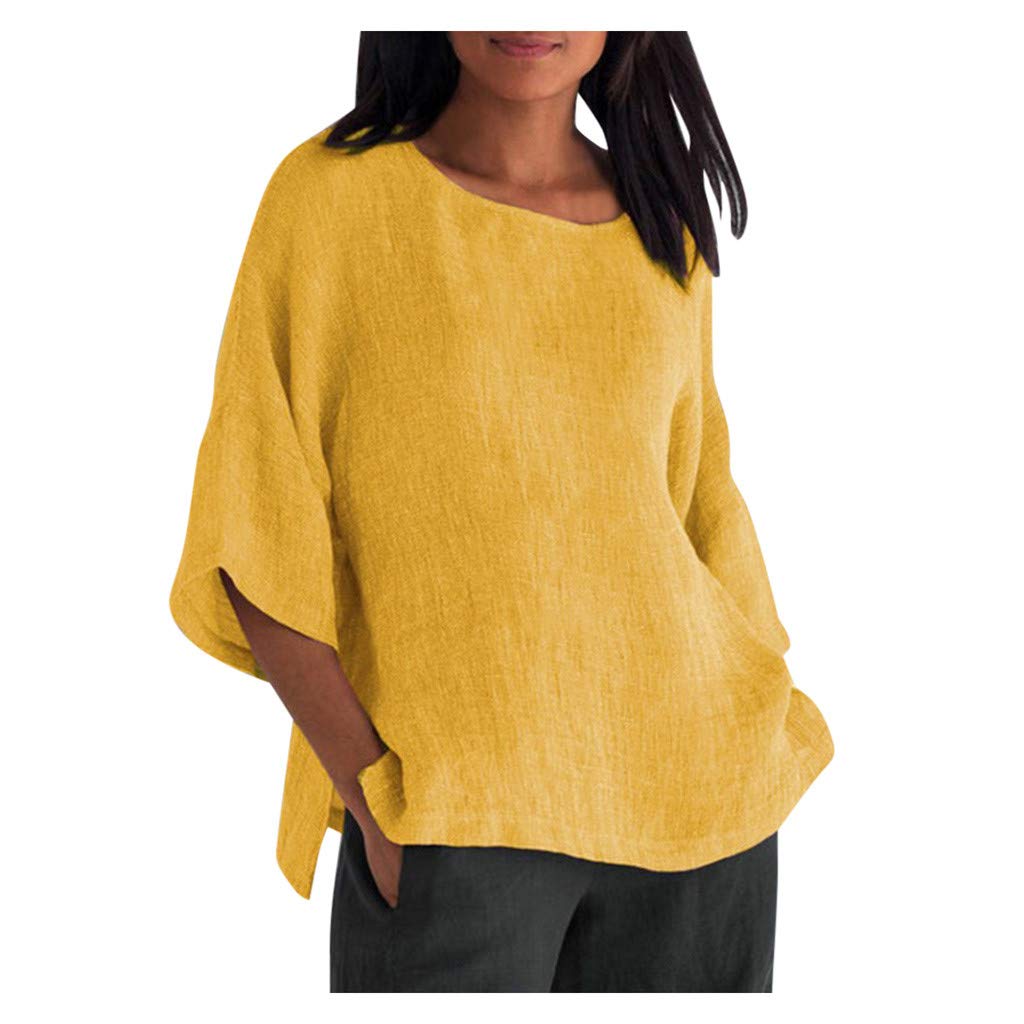 Women's 3/4 Sleeve Cotton Linen Shirt - Vintage Crew Neck Casual T-Shirt - Summer Loose Fit Solid Color Blouse for Everyday Wear & Outdoor Activities