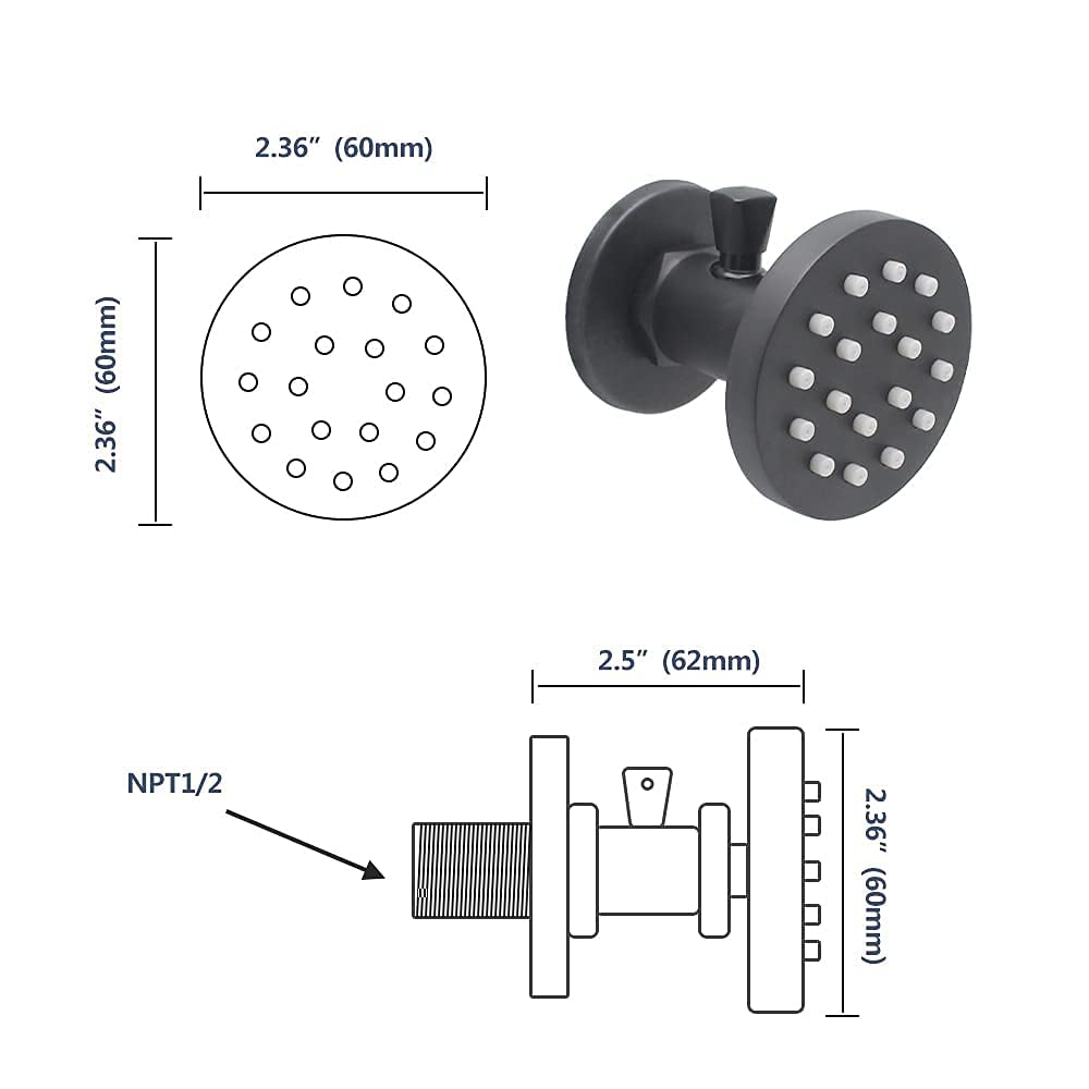 2-Inch Brass Shower Body Spray Jets with On/Off Switch - Round Wall Mount Showerhead, 2-Function Massage Spa Jets with Flow Control & 360° Rotation (Matte Black) - Perfect for Bathroom Renovation, Luxury Spa Experience, and Relaxing Hydrotherapy