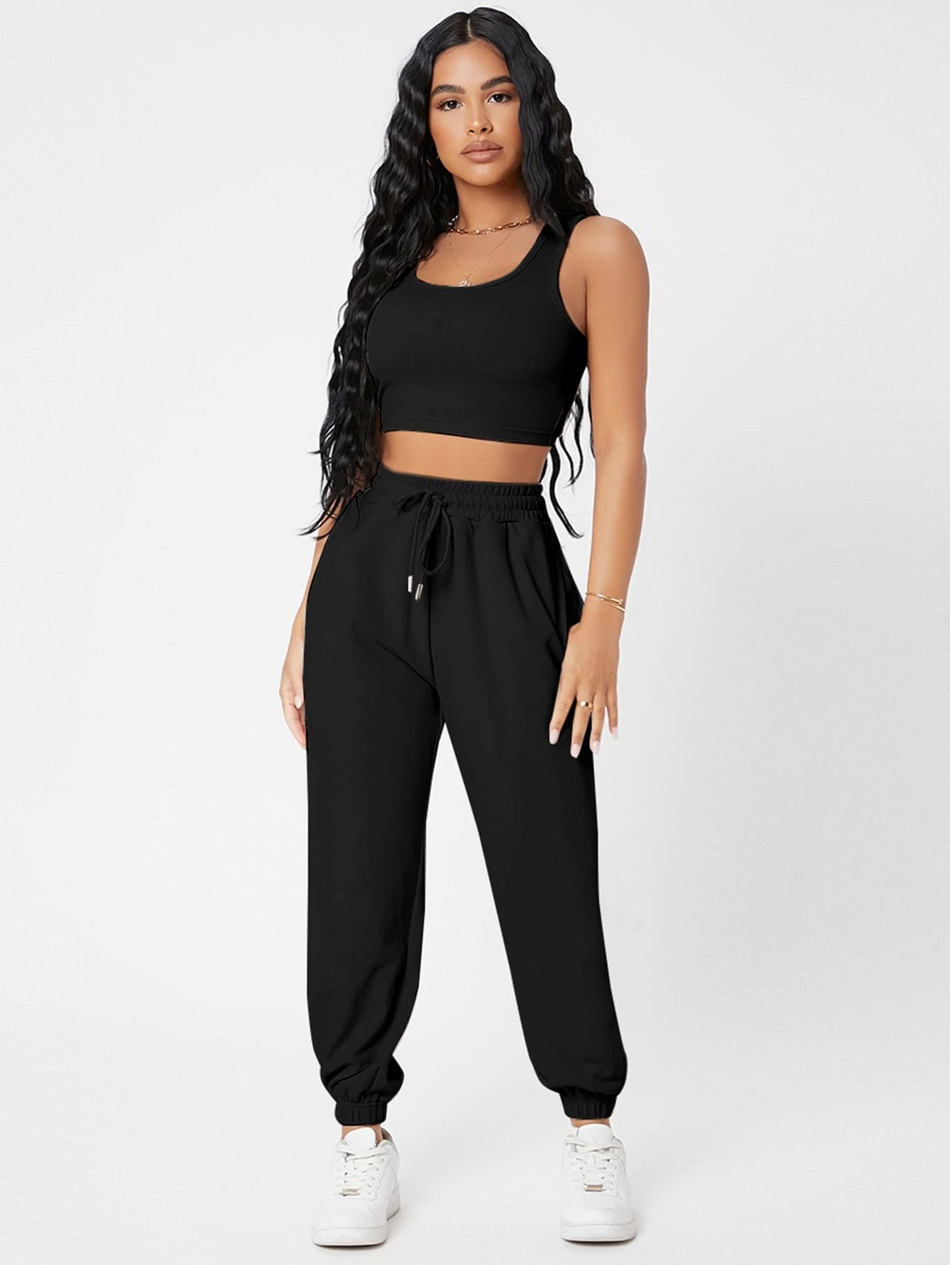 XENIS Women's 2 Piece Casual Outfit Set - Solid Color Crop Tank Top & Joggers Lounge Wear | Perfect for Yoga, Gym, Running & Everyday Comfort