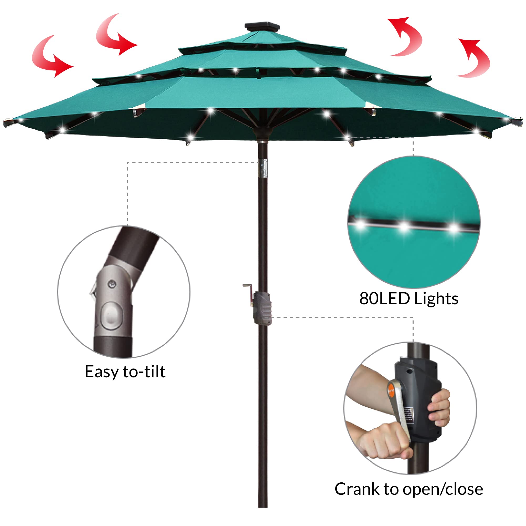 EliteShade USA 10-Year Fade-Resistant 9ft 3-Tier Solar Patio Umbrella with 80 LED Lights - Outdoor Market Umbrella with Ventilation for Deck, Poolside, and Backyard (Teal)