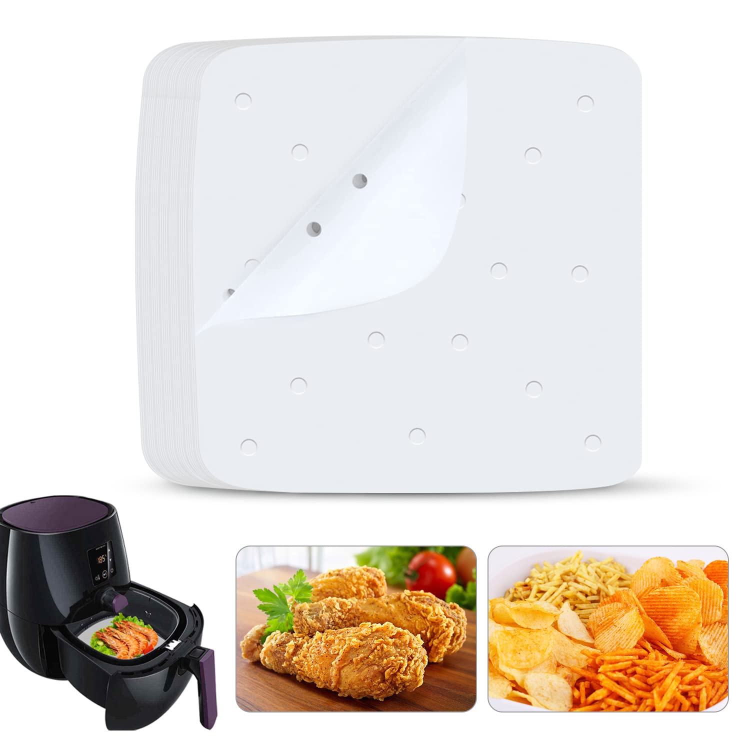 200PCS Air Fryer Parchment Paper - Perforated Steam Paper for Air Fryer, Steaming Basket, Baking & Oven - 8.5 Inch Square White Bamboo Steamer Paper - Perfect for Healthy Cooking, Meal Prep & Party Snacks