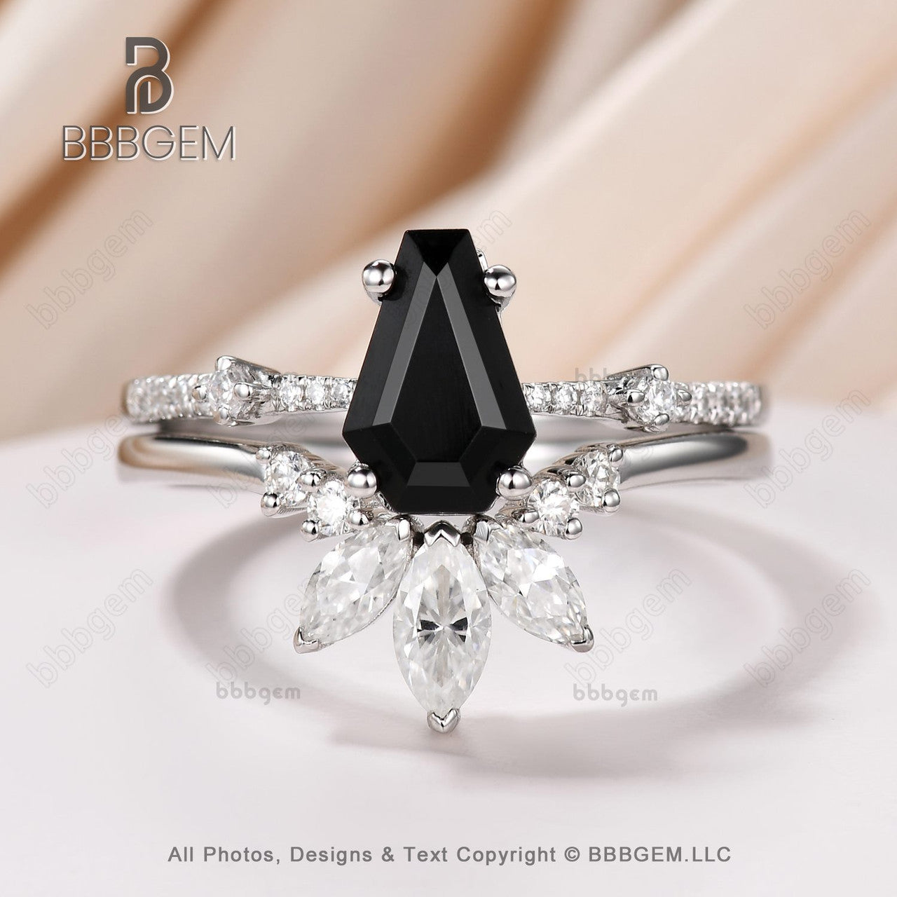 Women's Black Onyx Coffin Statement Ring Set - 3 Stone Marquise Moissanite Curve Band White Gold Promise Ring for Engagement, Anniversary & Special Occasions