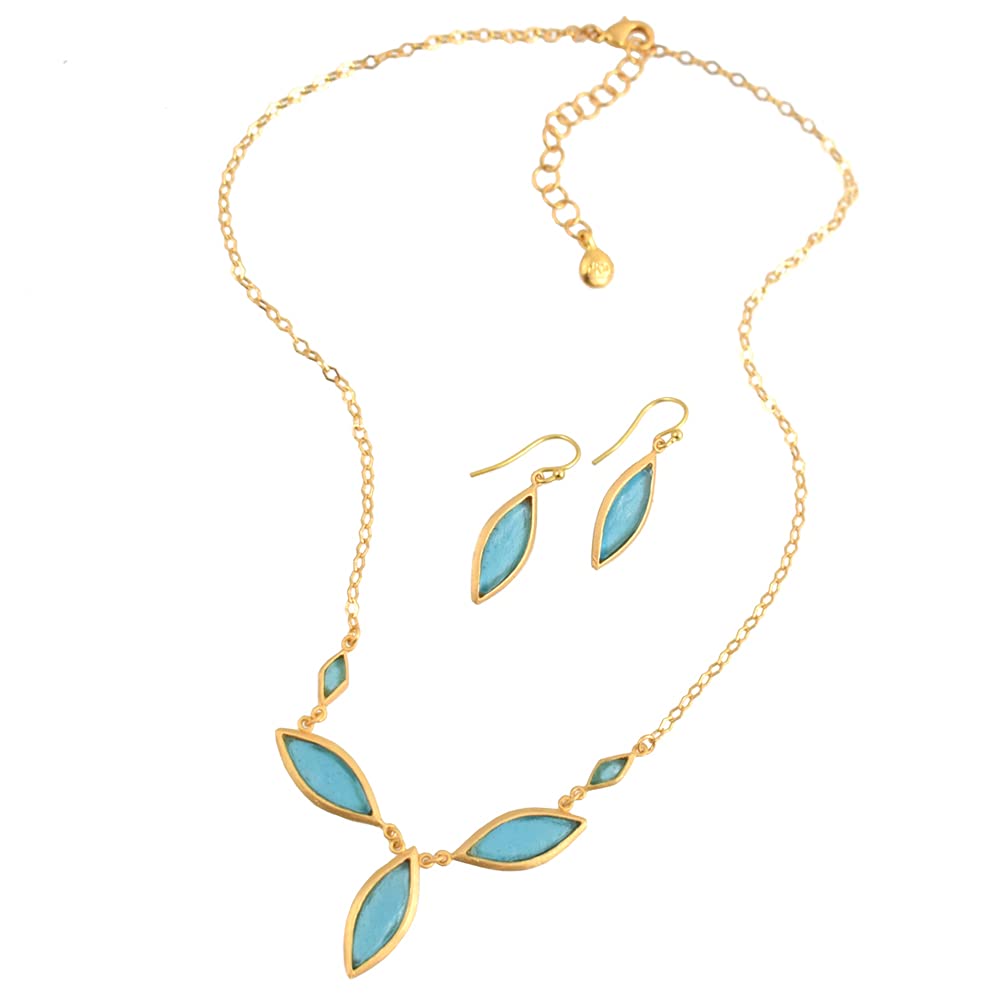 American Made Cast Artisan Glass & Gold-Plated Blue Marquise Necklace + Earrings Set | Perfect for Weddings, Parties & Special Occasions