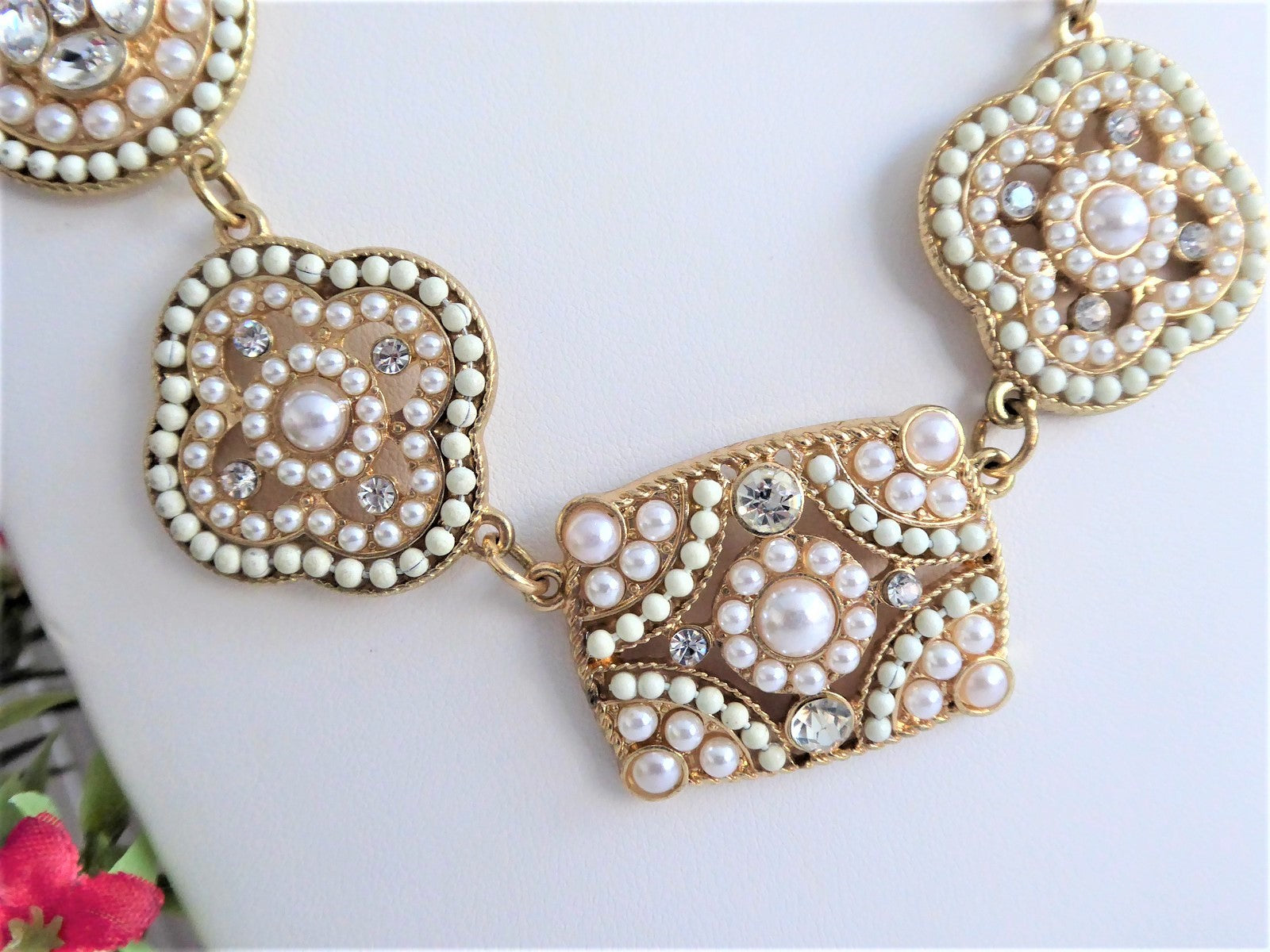Elegant Pearl Rhinestone Plaque Bib Statement Necklace - Geometric Gold Plated Adjustable Chain for Women | Perfect for Evening Parties, Weddings & Special Occasions