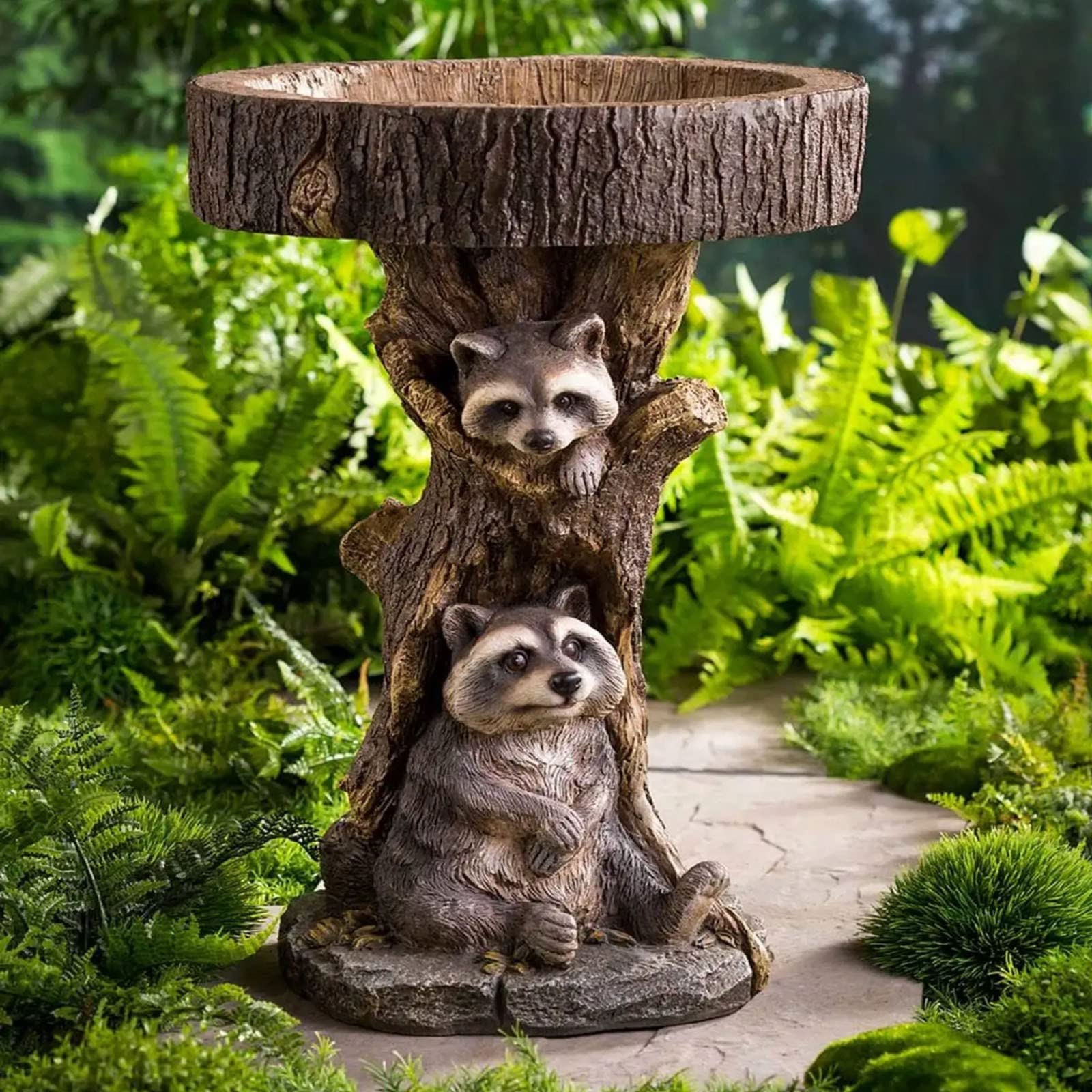 Cute Resin Raccoon Garden Sculpture - Antique Polyresin Bird Bath Statue for Outdoor Yard & Home Decor | Perfect for Patio, Lawn, and Garden Decoration