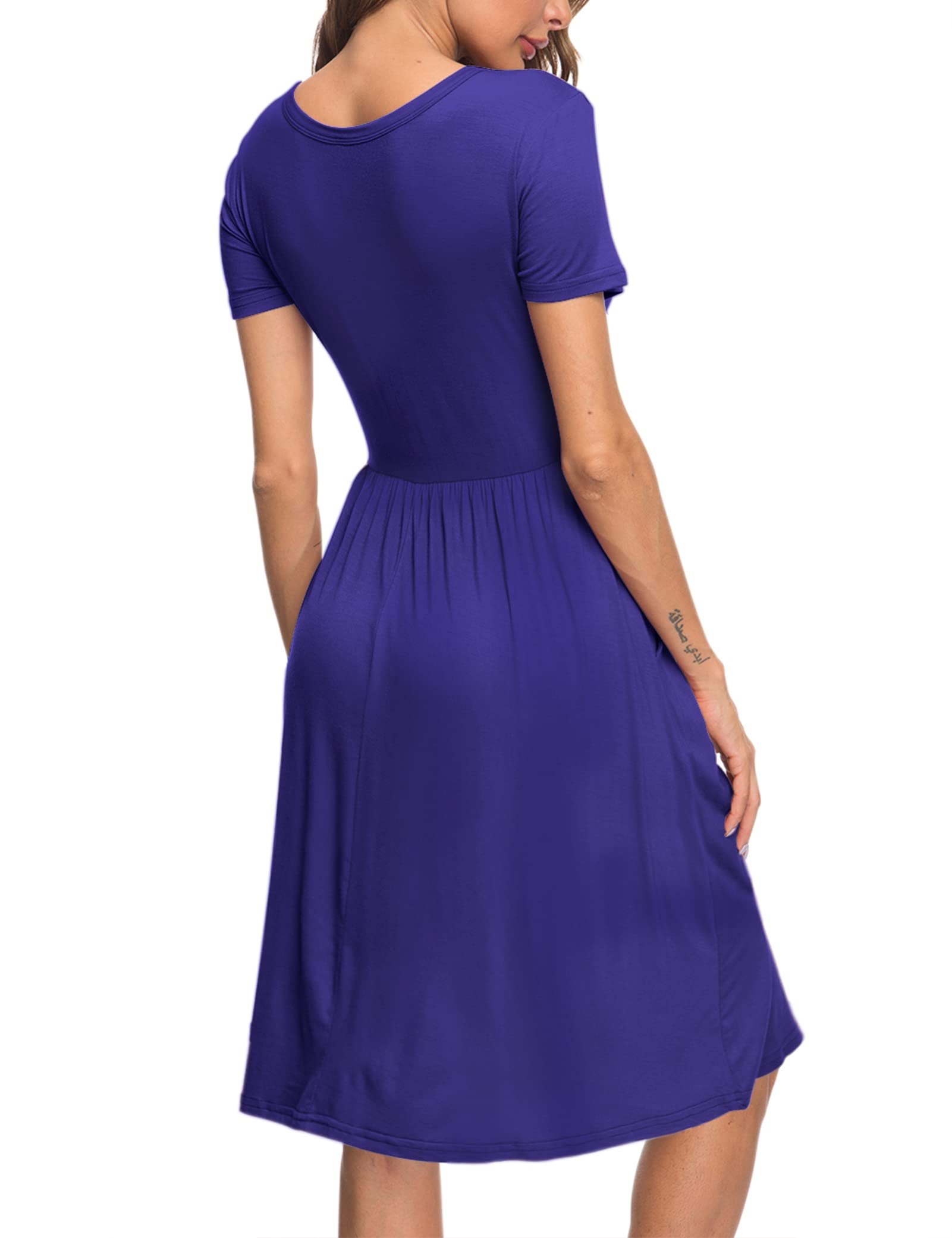 AUSELILY Women's Summer Short Sleeve Empire Waist Dress - Pleated Flowy Swing Dress with Pockets, Knee Length Casual Dress for Women 2025 | Perfect for Beach Vacation, Brunch Dates & Office Wear