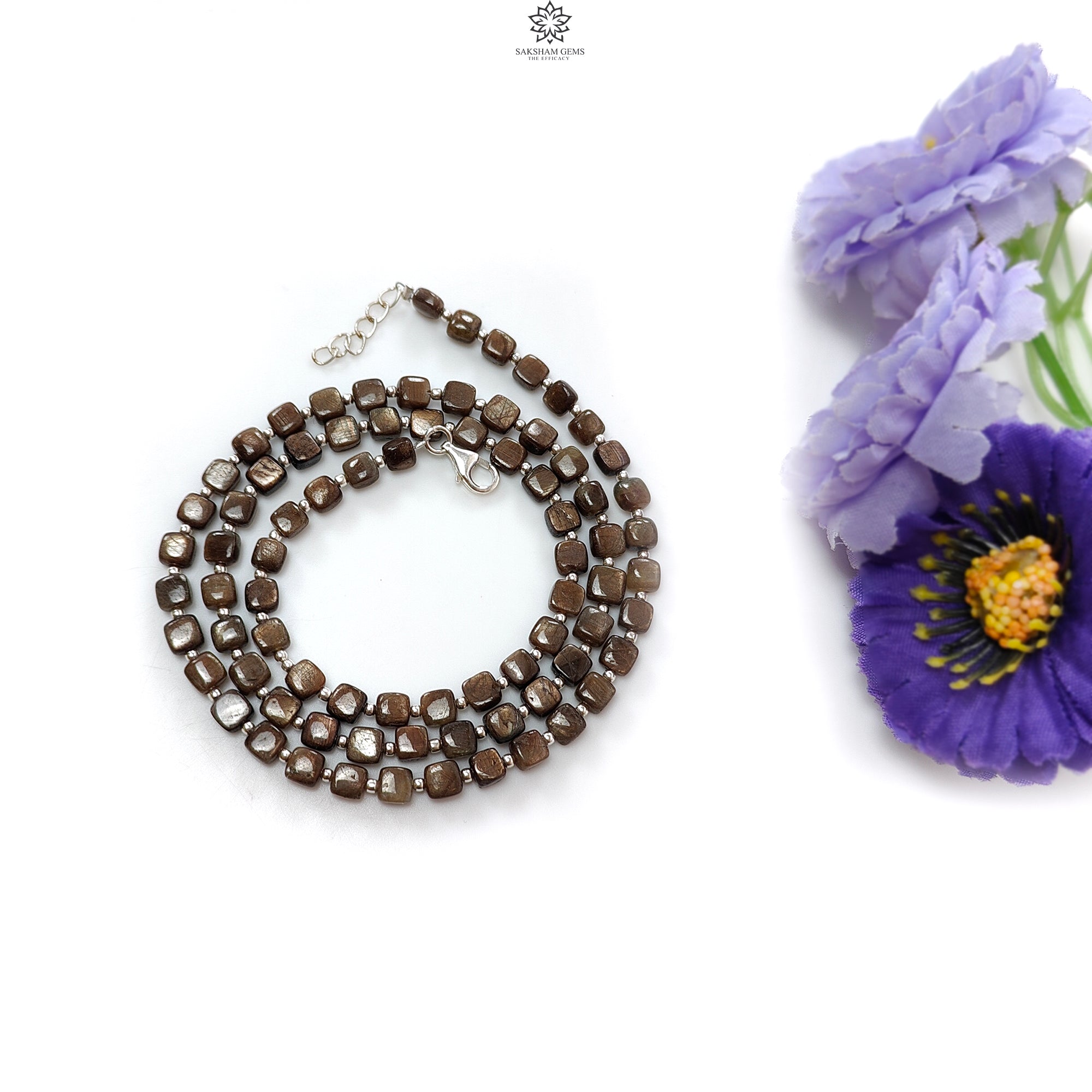 Natural Golden Brown Chocolate Sapphire Gemstone Beads Necklace - 15.75gms Cushion Cut 925 Sterling Silver Jewelry (4mm, 19