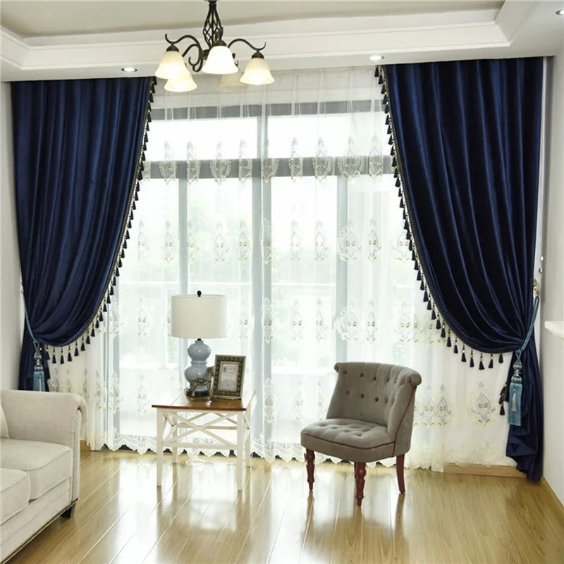 Elegant Mila Classic Velvet Curtains with Tassel Lace Trim - Midnight Blue Blackout Drapes for Living Room & Bedroom