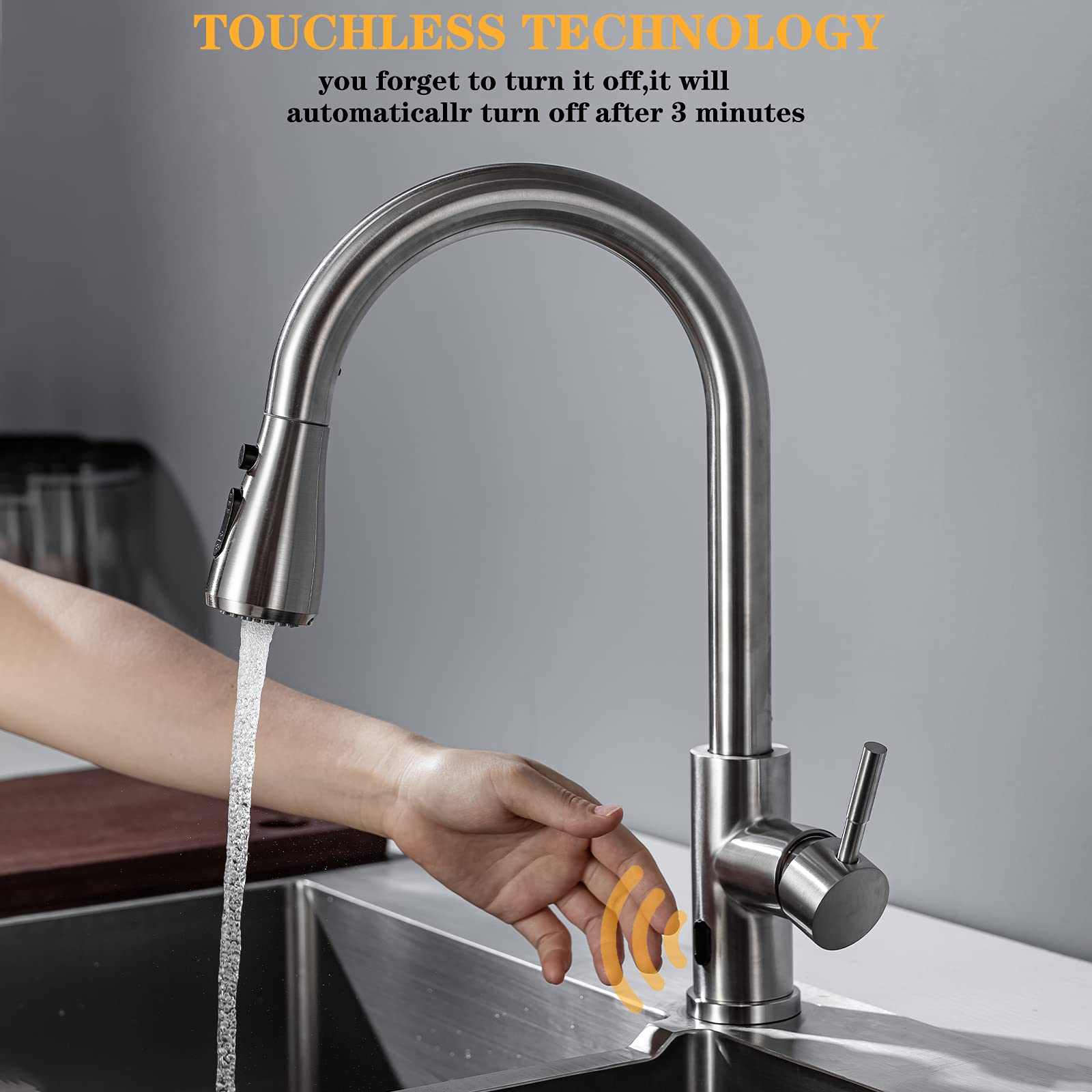 **Touchless Kitchen Faucet with Pull-Down Sprayer - Brushed Nickel, Infrared Sensor, Stainless Steel, Single Handle - Ideal for Modern Kitchens & Hygienic Cooking**