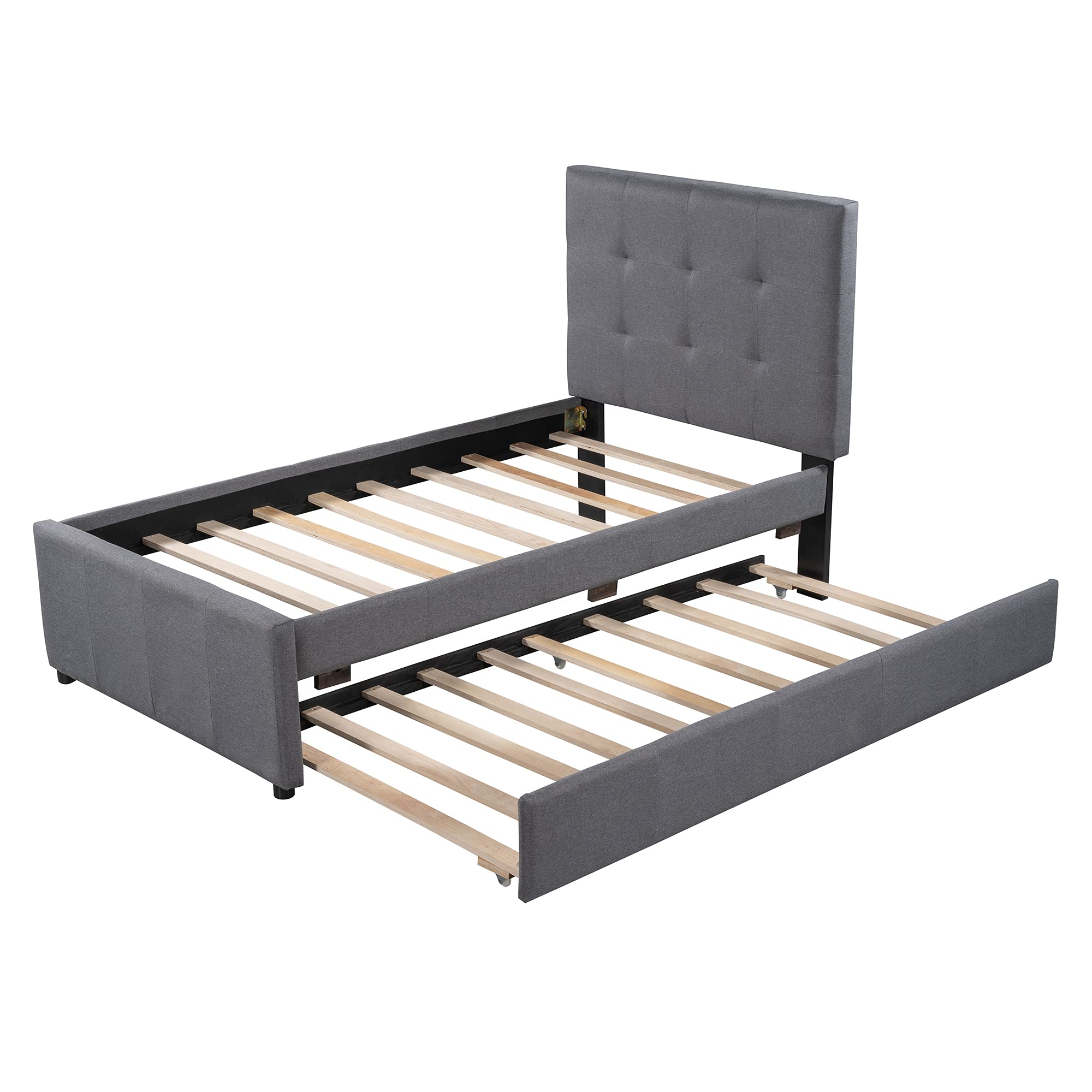 RUNNA Twin Size Upholstered Platform Bed Frame with Trundle - Linen Fabric Daybed with Headboard for Kids & Teens - No Box Spring Needed - Perfect for Small Bedrooms, Guest Rooms & Sleepovers