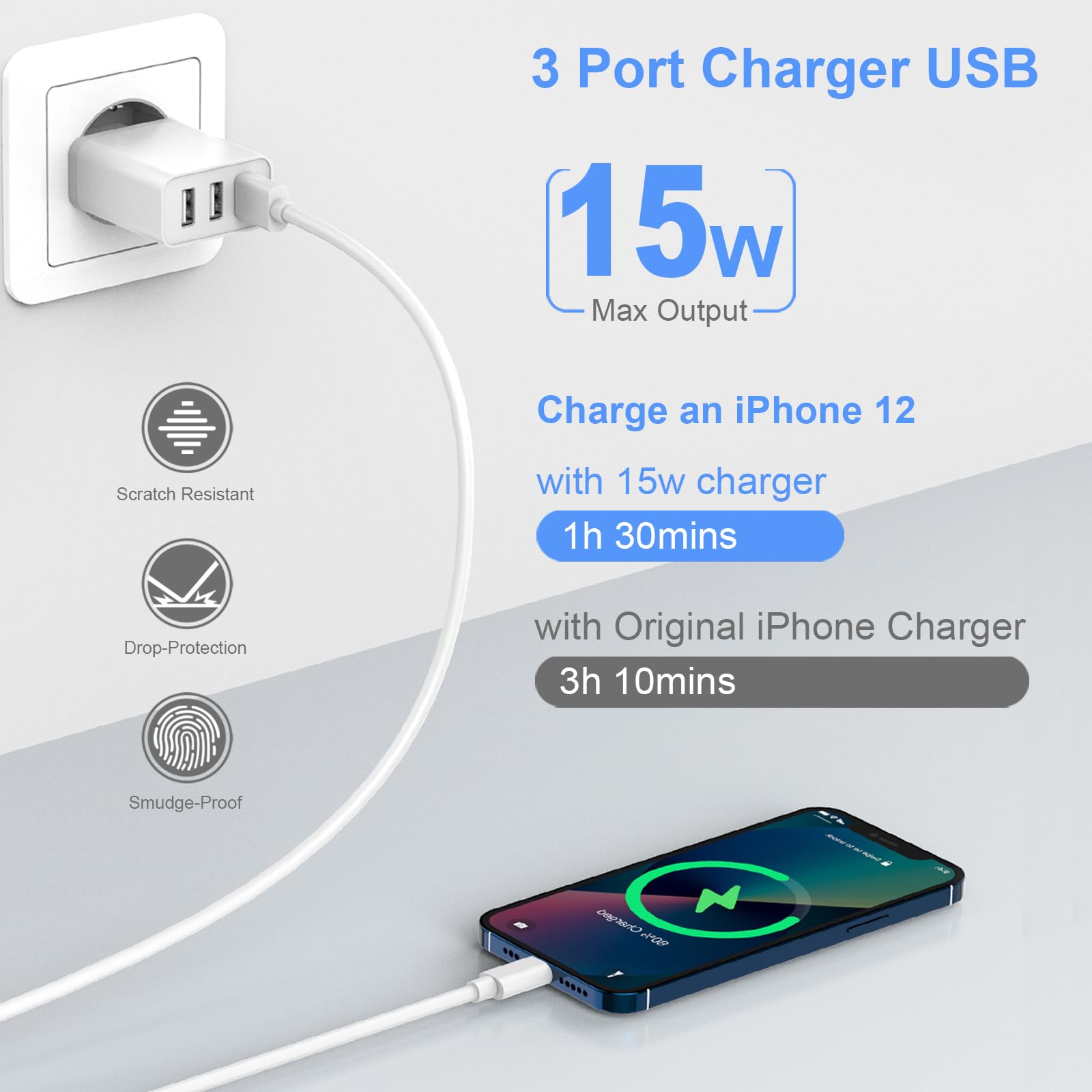 2-Pack 3-Port USB Wall Charger with Fast Charging (15W/3A) - Multi USB Power Adapter for iPhone 14/13/12/11/XS/X/8/7/6, Samsung Galaxy/Note, Xiaomi, Huawei - Perfect for Home, Office & Travel Charging Needs
