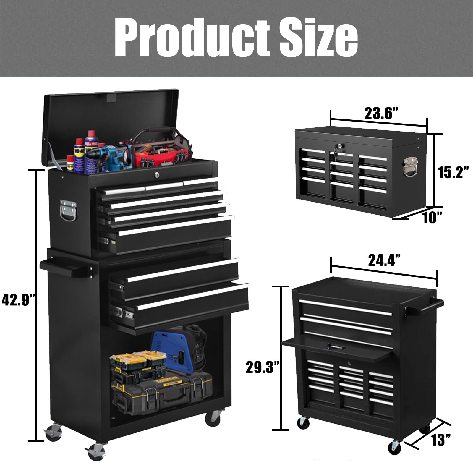 8-Drawer Rolling Tool Chest with Lockable Wheels & Sliding Drawers - 2-in-1 Tool Box Organizer & Garage Storage Cabinet - Heavy Duty Workshop Tool Chest with Detachable Top - Perfect for Mechanics, DIY Enthusiasts & Home Garage Organization (Black)