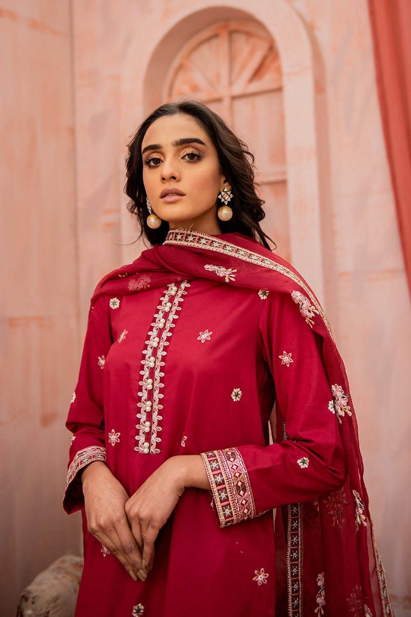 Carmine Rose 2-Piece Set (Shirt & Dupatta) - Elegant Ethnic Outfit for Weddings, Parties & Festive Occasions